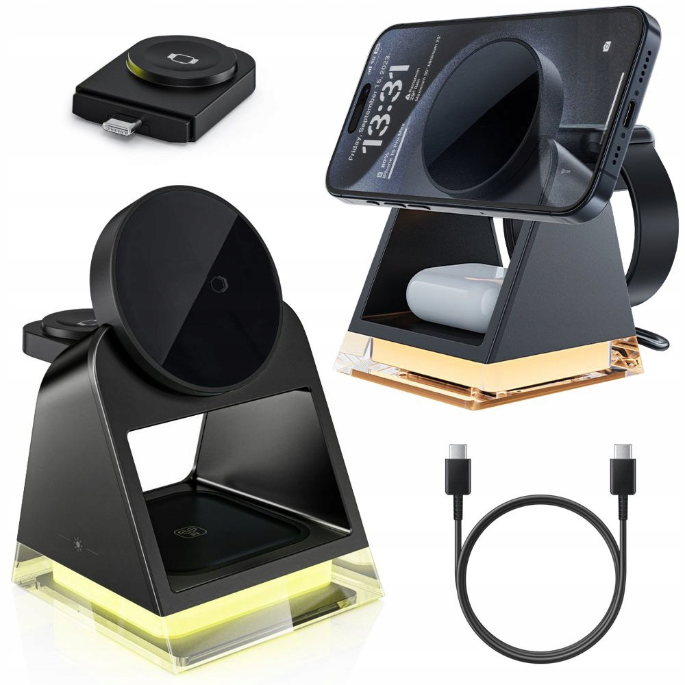 Stacja Ładowarka Indukcja 3w1 do iPhone iWatch Airpods , Lampka Nocna