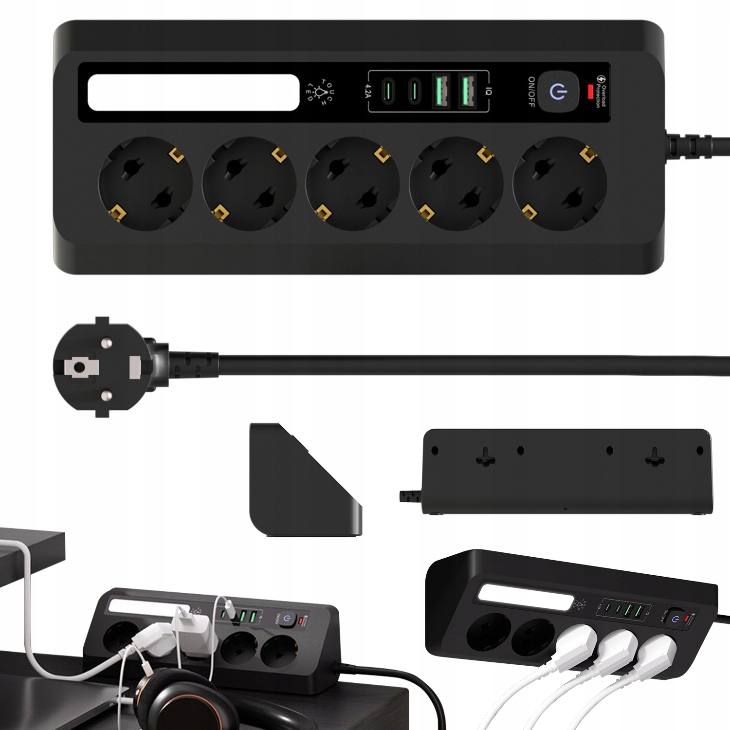 Prodlužovací Kabel Zásuvková Lišta Silný Spínač 1.8 m 4x Usb 5 Zásuvek Vypínač