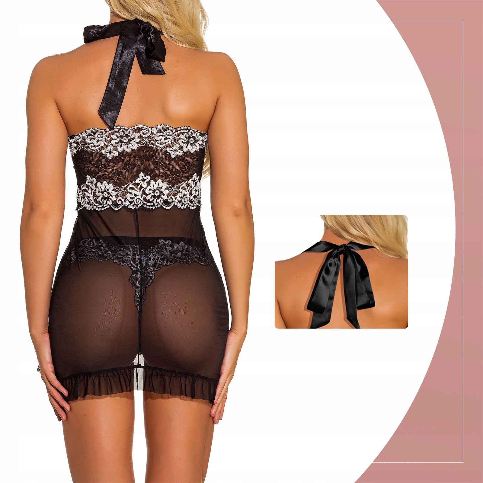 KOSZULKA NOCNA HALKA SEXY BIELIZNA KORONKA PIŻAMA Kolor czarny