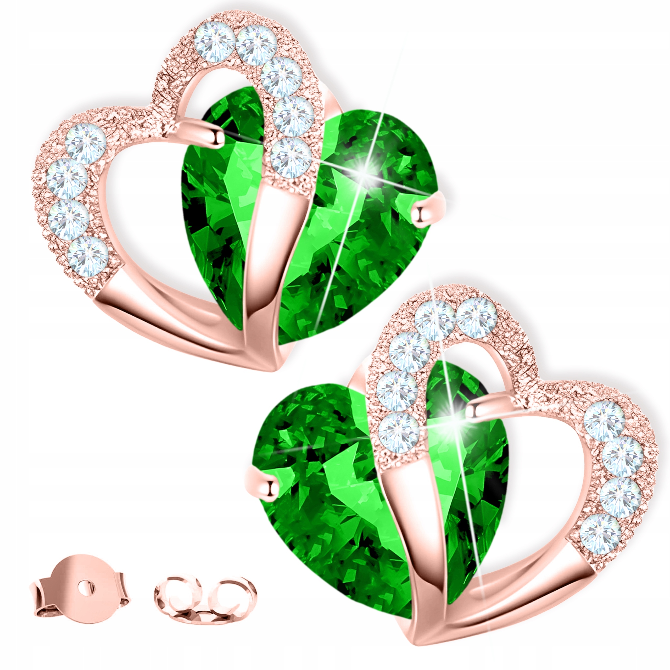 Náušnice Pozlacené se zeleným srdcem Zelené srdce s zirkony Stříbro 925