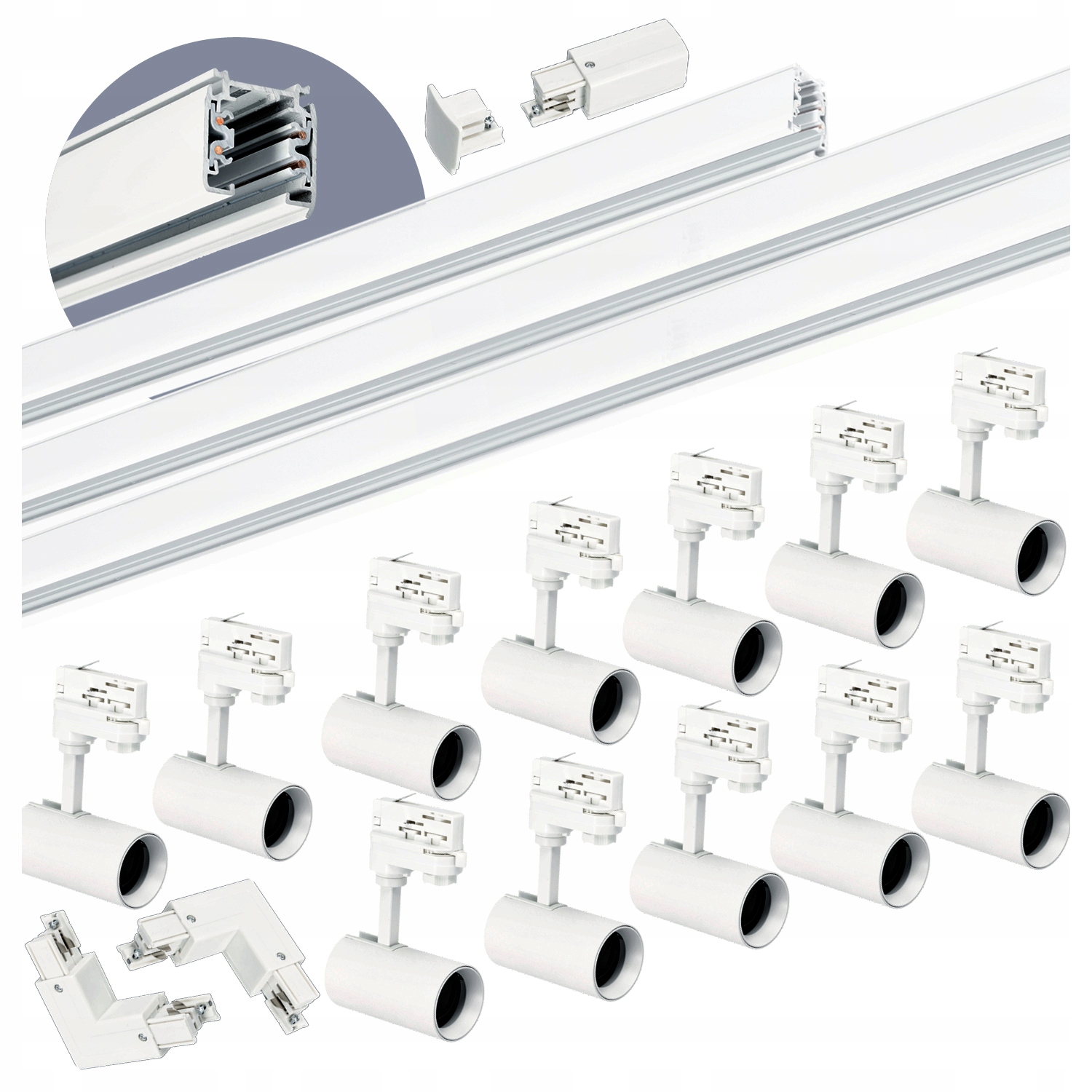 3fázové kolejnicové osvětlení 1m+2m+2m, 12x lampa, 2x spojka L Bílá