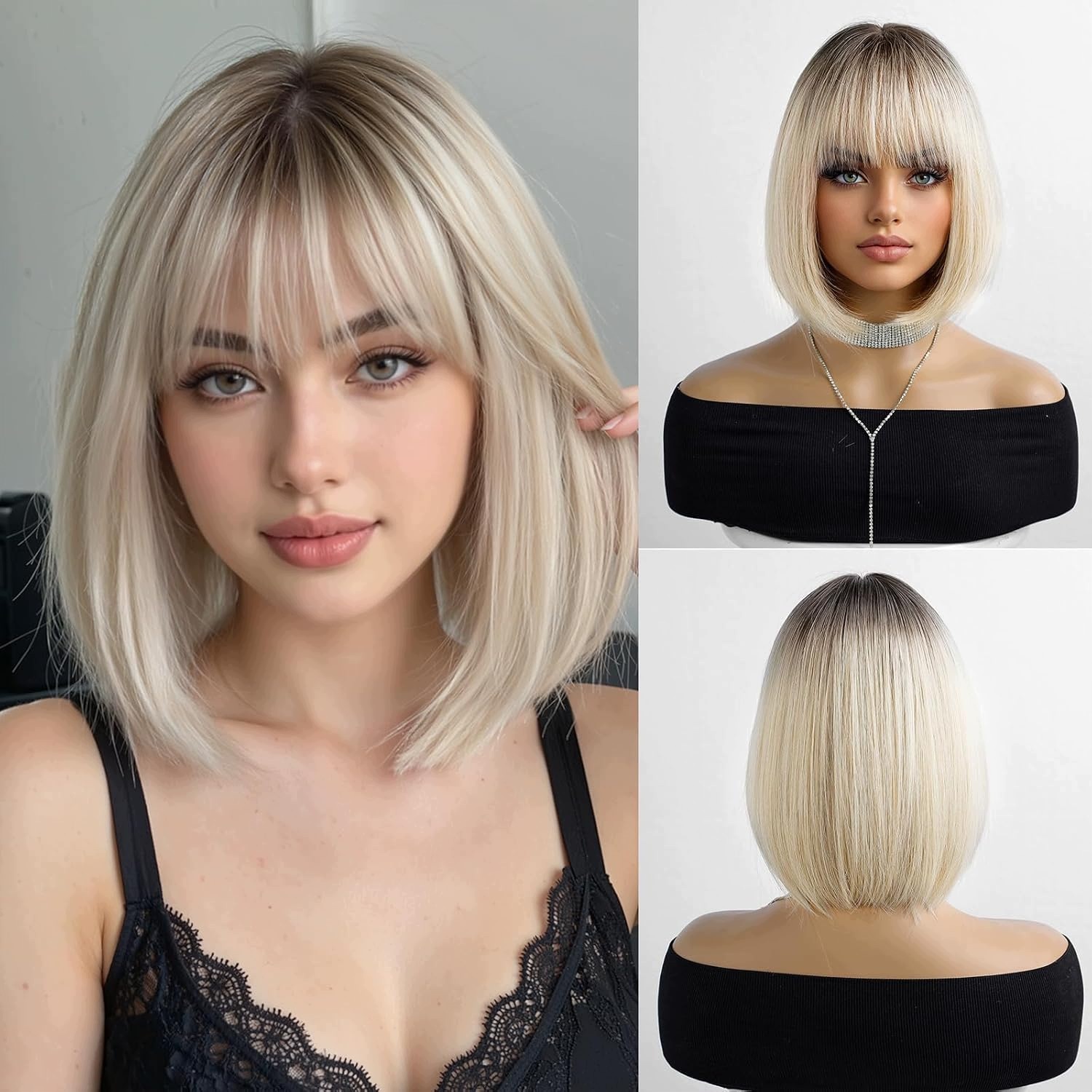 Krótka prosta peruka bob z grzywką naturalny blond ombre syntetyczna