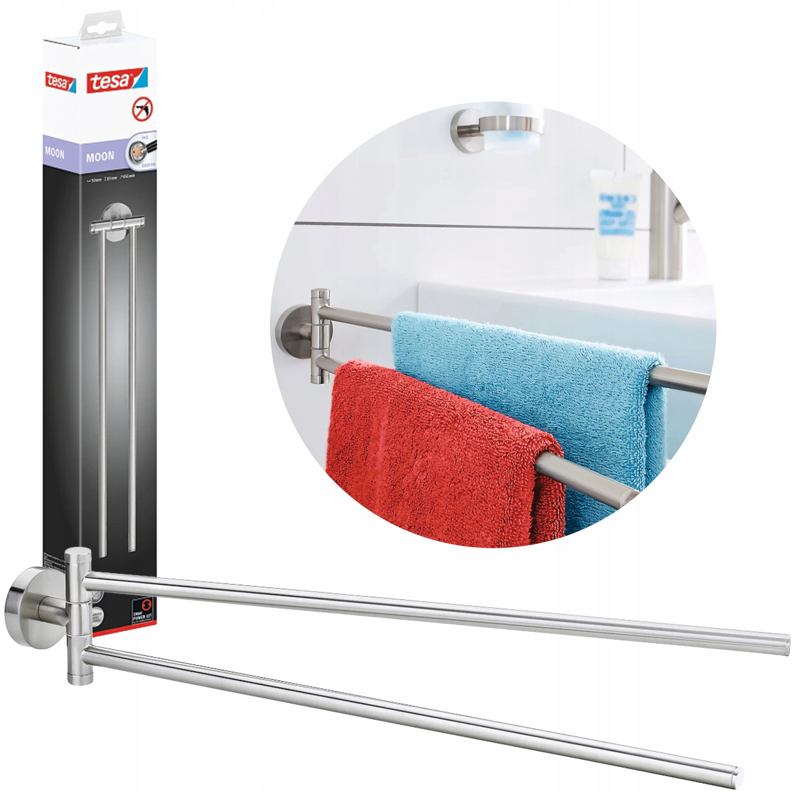 Kúpeľňový vešiak na uteráky Samolepiaci Tesa Moon Pohyblivý kovový