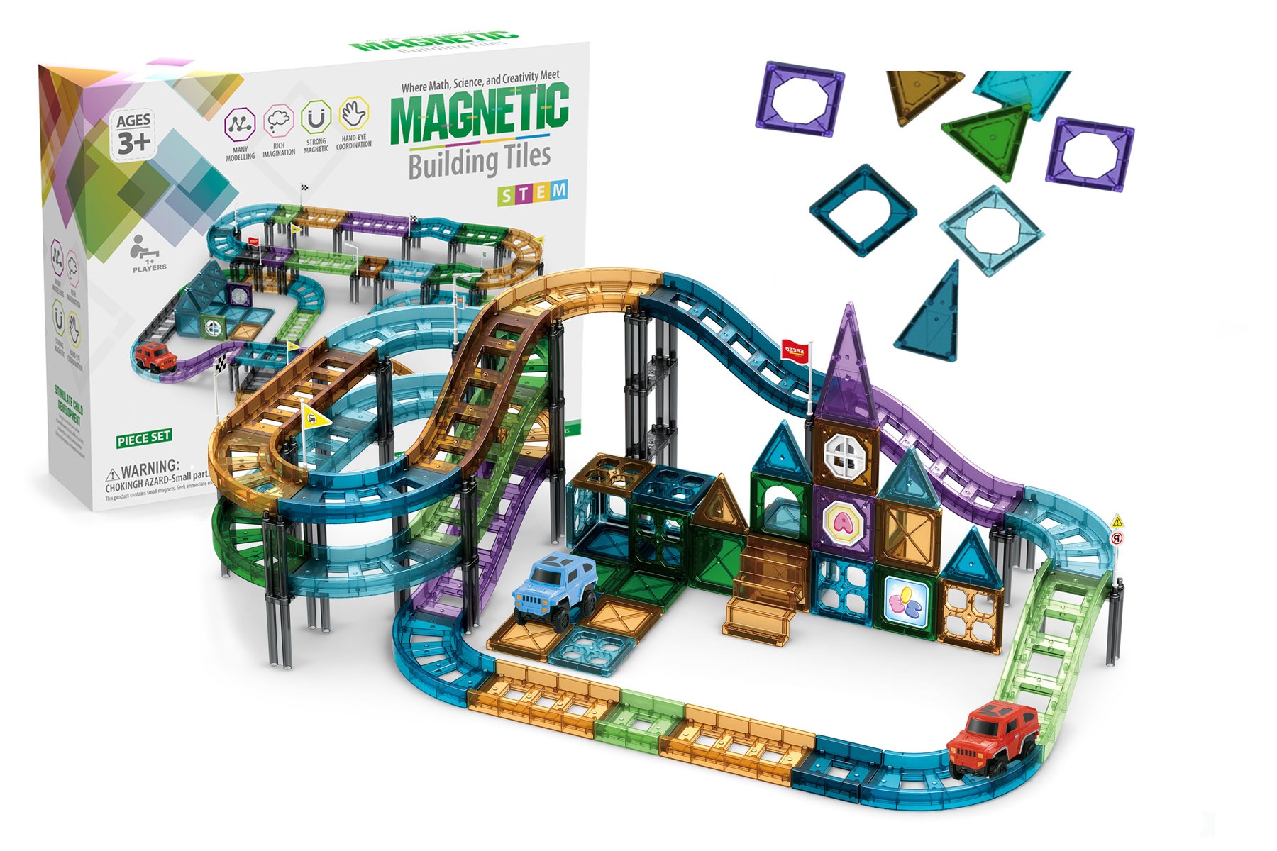 KLOCKI MAGNETYCZNE EDUKACYJNE PANELE KOLEJKA AUTA Wiek dziecka 3 lata +