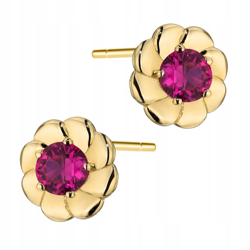 Krásné Zlaté Náušnice pr. 585 s Rubínovou zirkonií uprostřed Květinka 14k