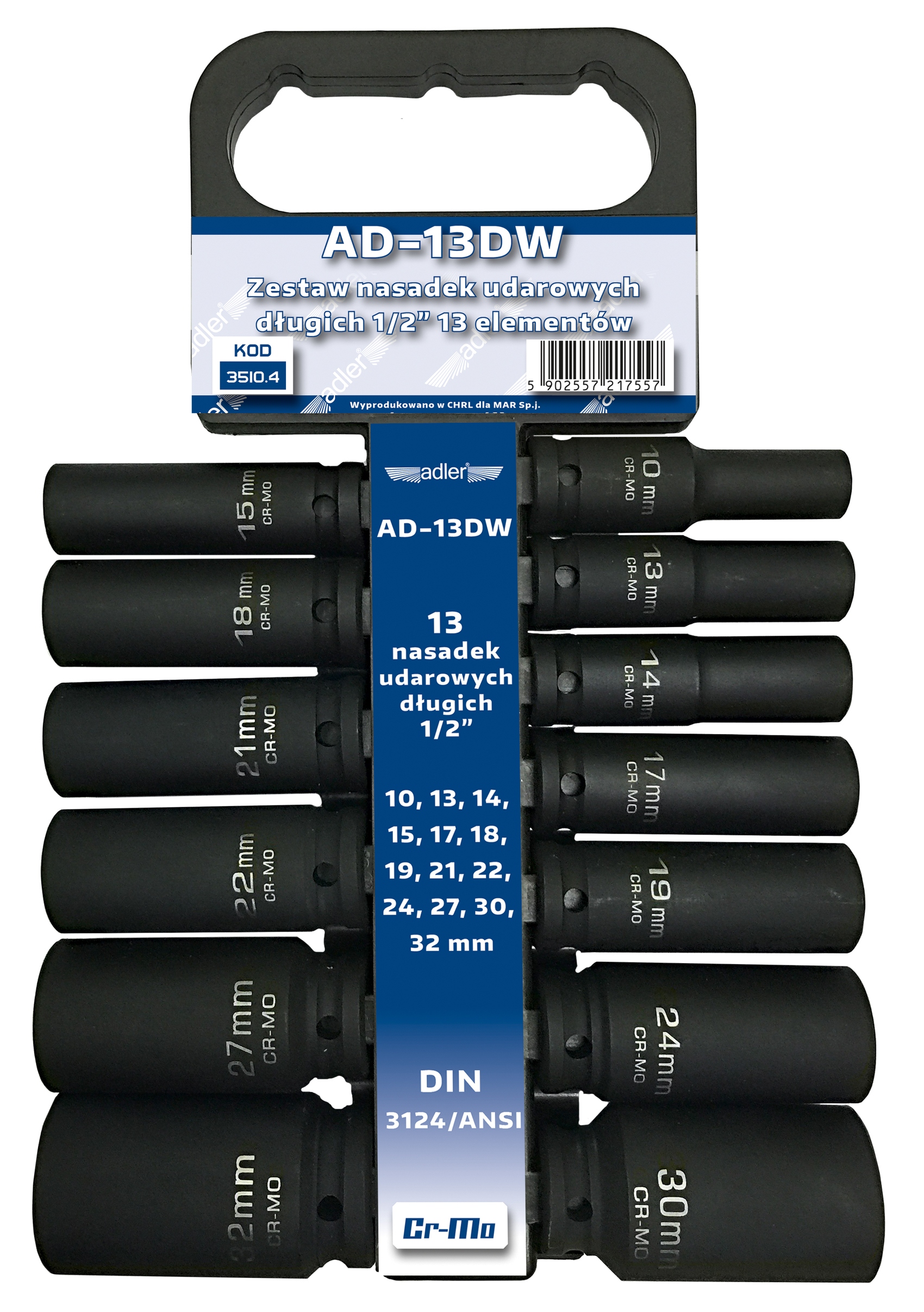 Sada úderových nástavcov veľkých 1/2" 10-32 mm Adler