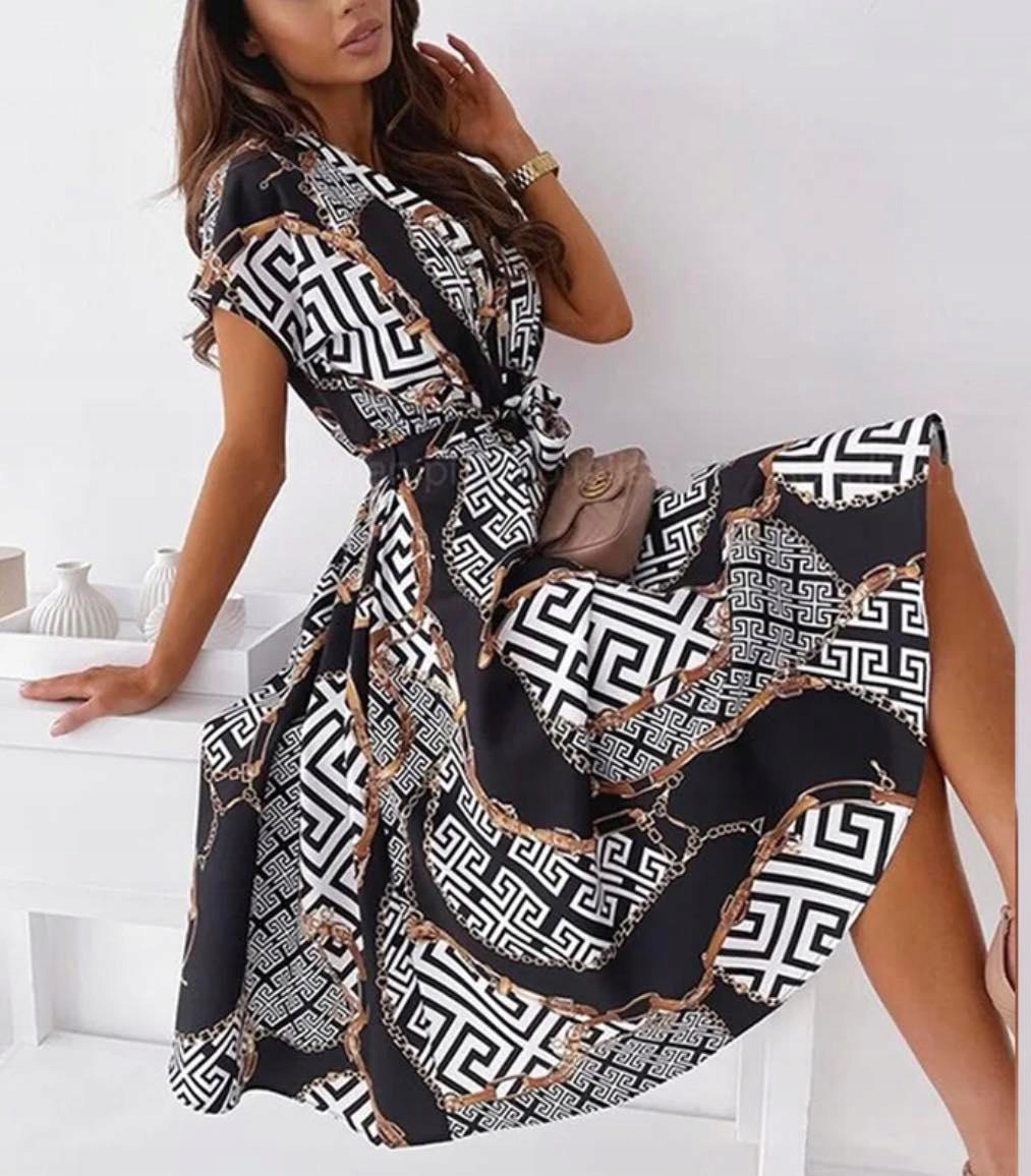 ELEGANCKA SUKIENKA VINTAGE SUKNIA MIDI WZORY KLASYCZNA STYLOWA CZ 40 L Długość midi