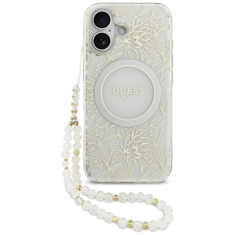 Guess IML Flowers Allover Strap MagSafe Pouzdro pro iPhone 17 bílé vodítko