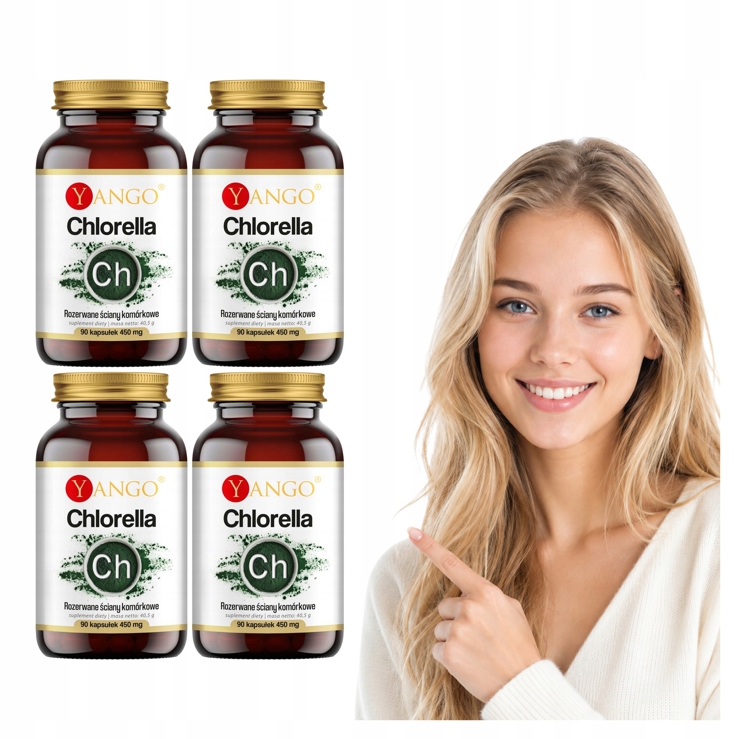 4x Yango Chlorella Pyrenoidosa Sproszkowana Alga Chlorofil Białko 90 kaps.
