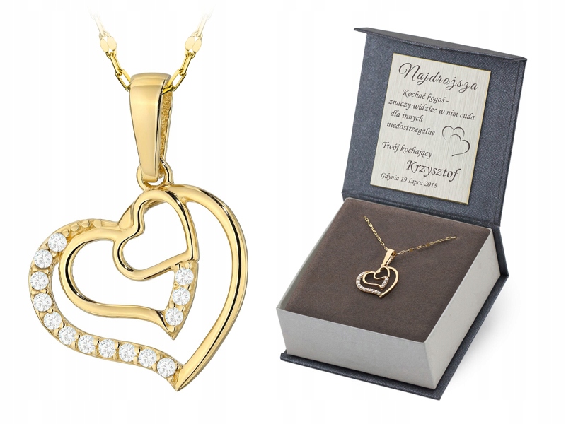 Zlatý Náhrdelník 50 cm pr. 585 Přívěsek Srdce v srdci Zirkony 14k