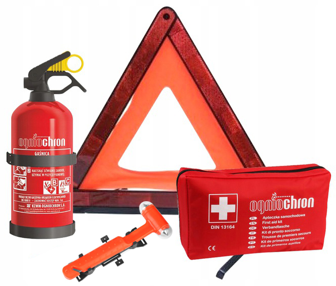 

Komplet Apteczka Gaśnica Trójkąt Młotek Zestaw