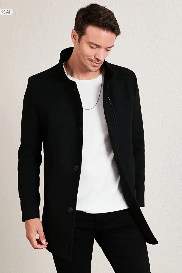 Hladký Černý Pánský Kabát S Elegantním Límcem 5IA