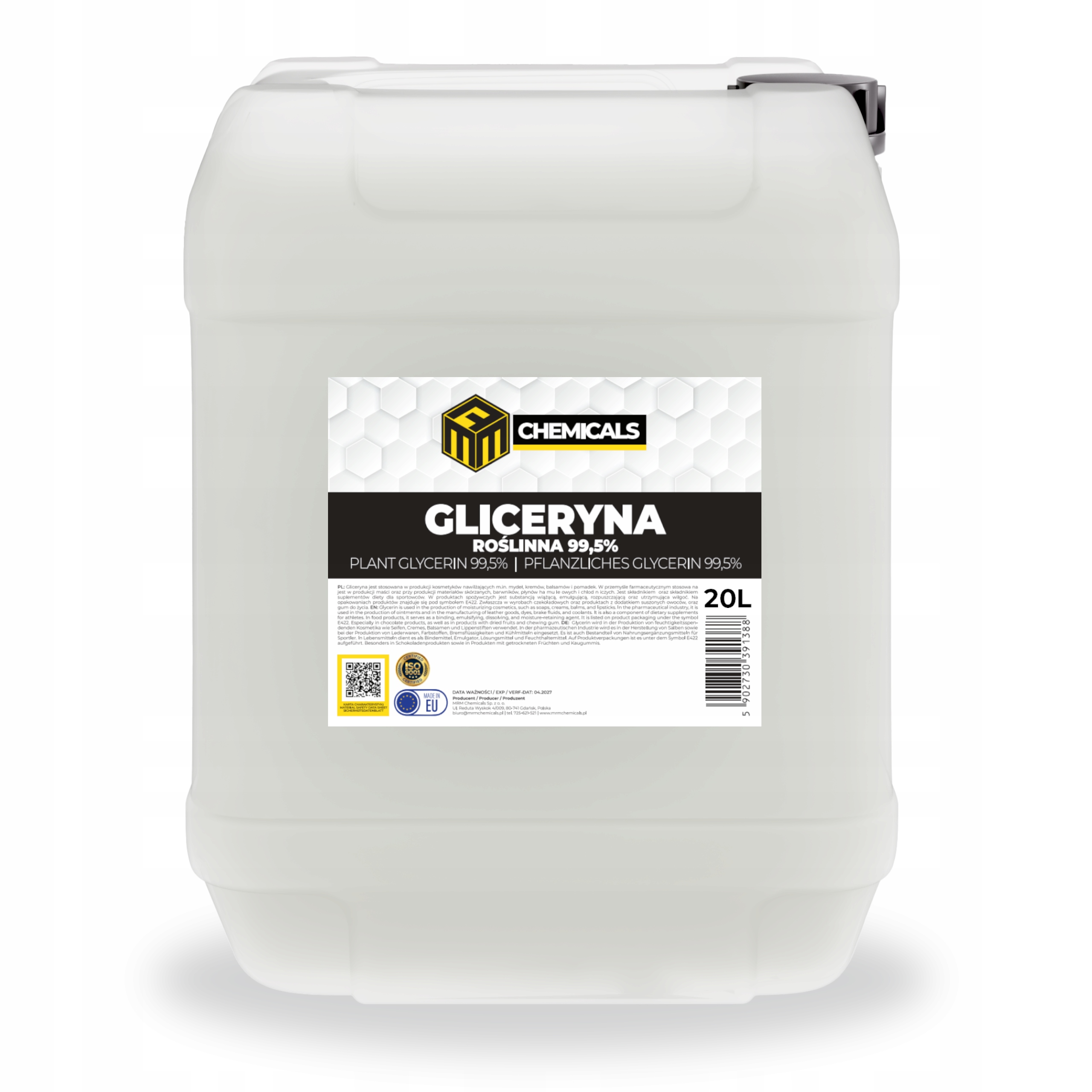 Gliceryna Roślinna 99,5% 20L – farmaceutyczna, kosmetyczna, do dezynfekcji
