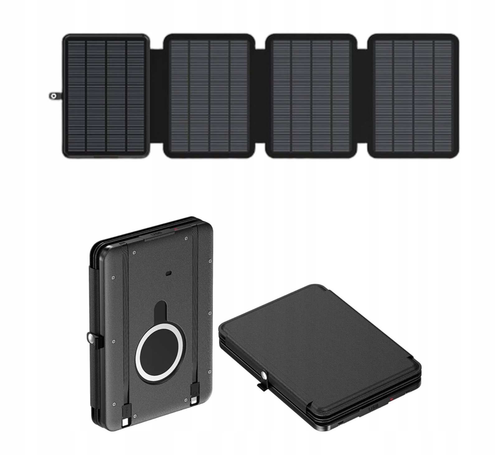 Powerbank Solarny Odłączany Panel 10000MAH 15W Czarny Wbudowane Przewody