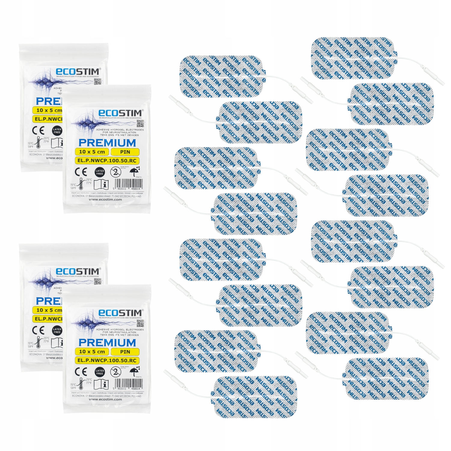 16x Medyczne Elektrody Żelowe Tens 10x5cm Pin Premium Ecostim Wielopak