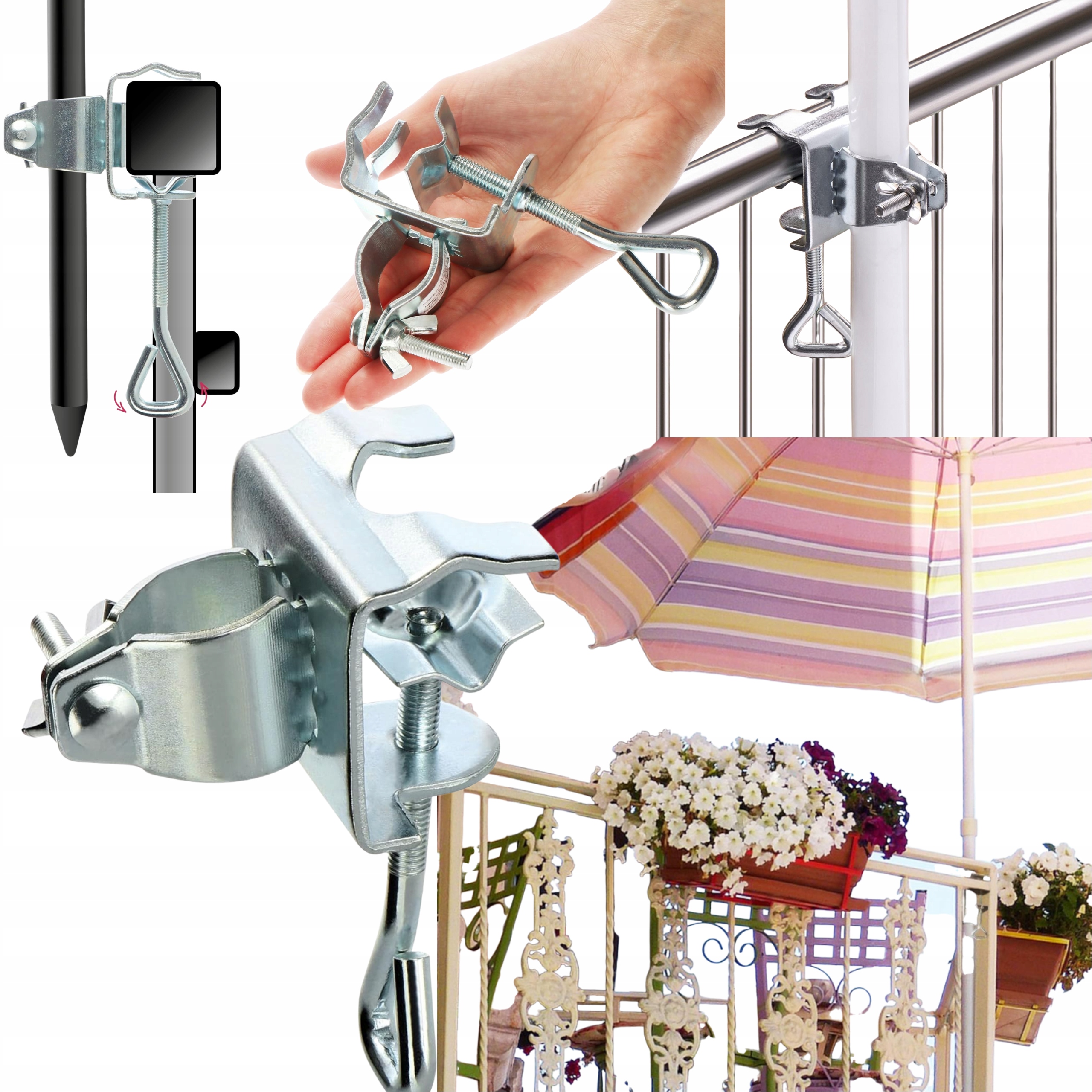 UCHWYT Na Parasol Balkonowy Do Poręczy Barierki Stołu SOLIDNE MOCOWANIE