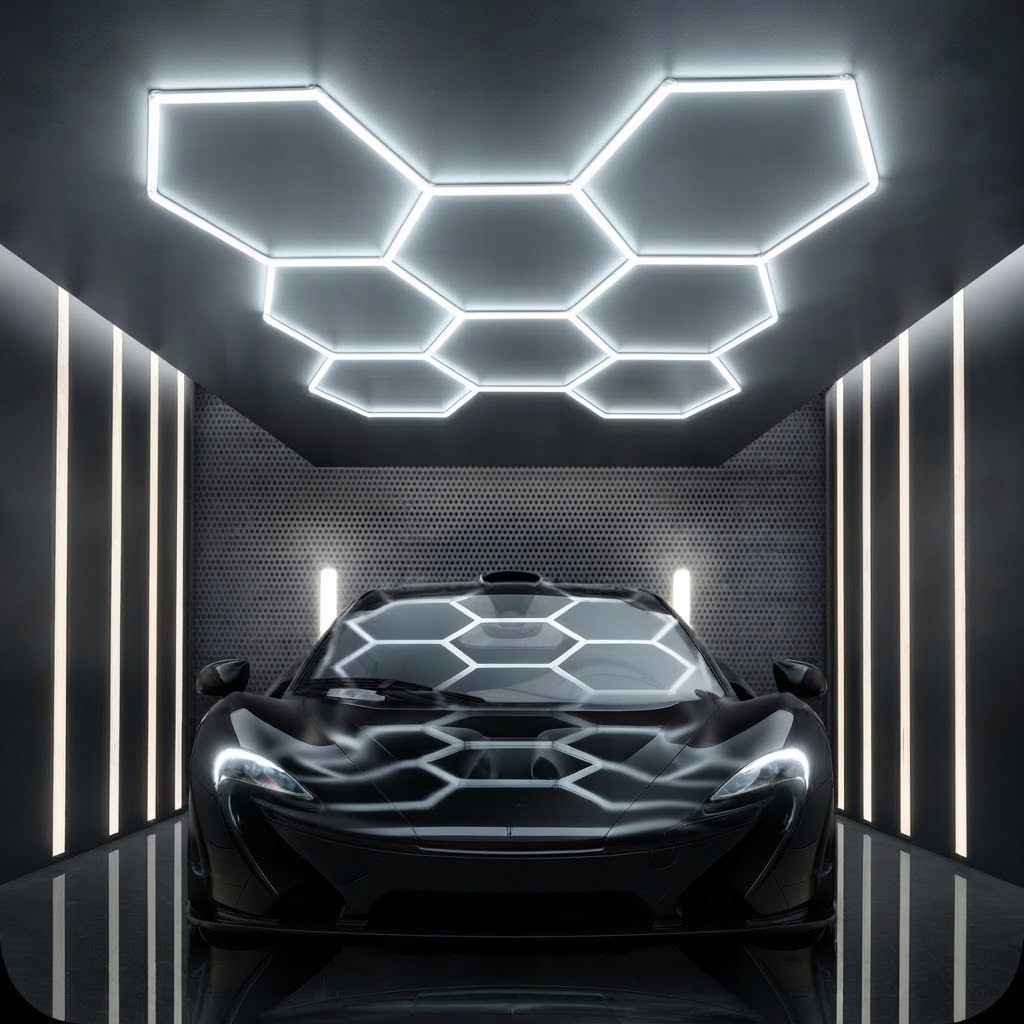 Stropní Svítidlo Hexagon 8 245W černý 229x237 cm, myčka, autoservis 6500K