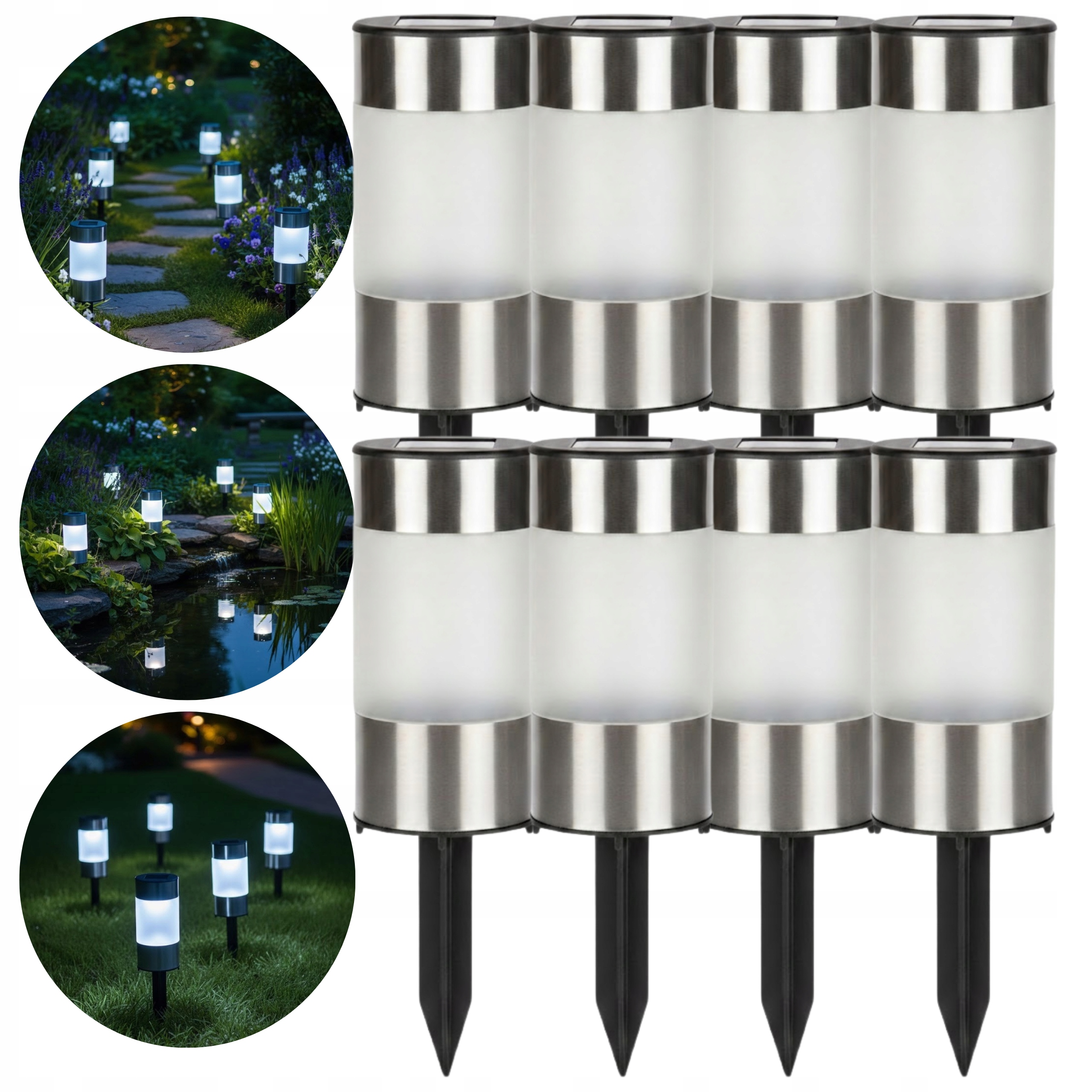 solární zahradní lampa Led Sloupek zapichovací do země Sada 8 Kusů Stříbrná