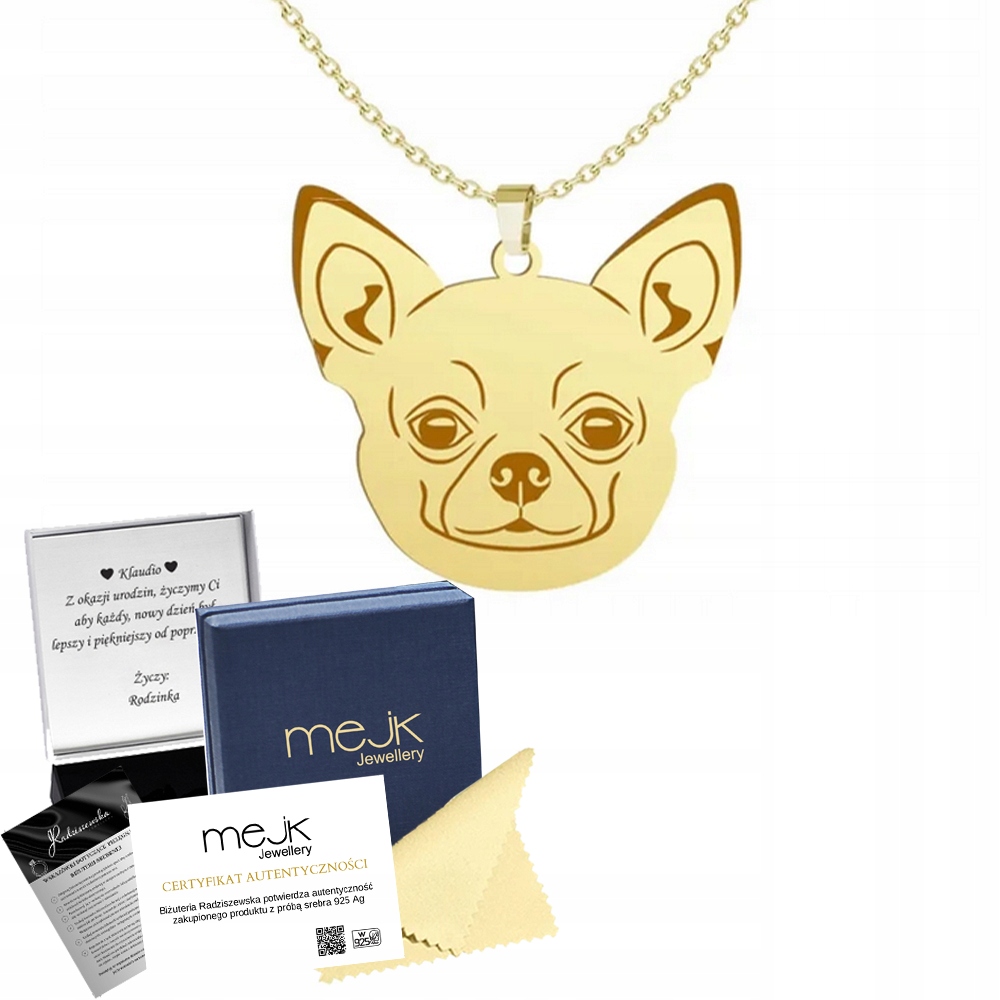 Zlatý náhrdelník s psem Chihuahua Krátkosrstá 925 Dárek Gravírování Bonus