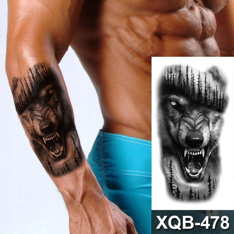 TATUAŻ TYMCZASOWY WILK Z OTWARTĄ PASZCZĄ I LAS TATUAŻ ZMYWALNY WODOODPORNY Stan opakowania oryginalne