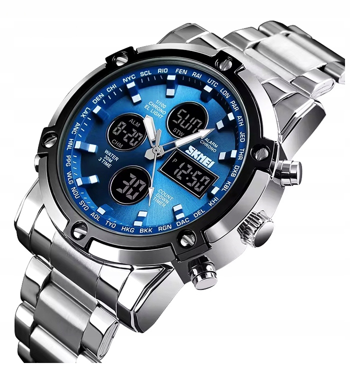 Zegarek męski Skmei bransoleta srebrny czarny złoty 12/24 h