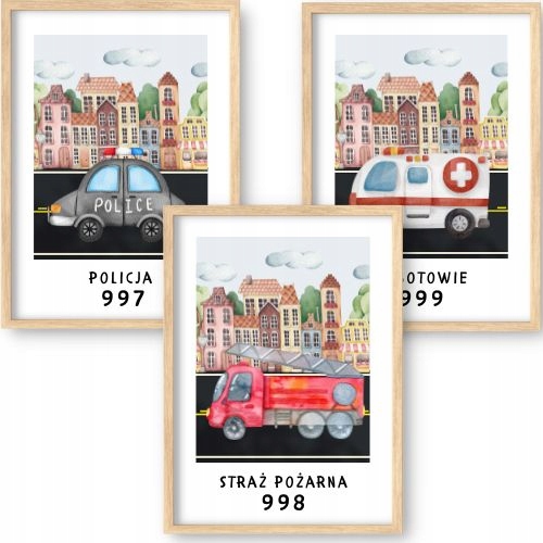 Zestaw 3 x Plakat Foto Obraz 40x60 Numery Alarmowe Policja Straż Auta 60X40