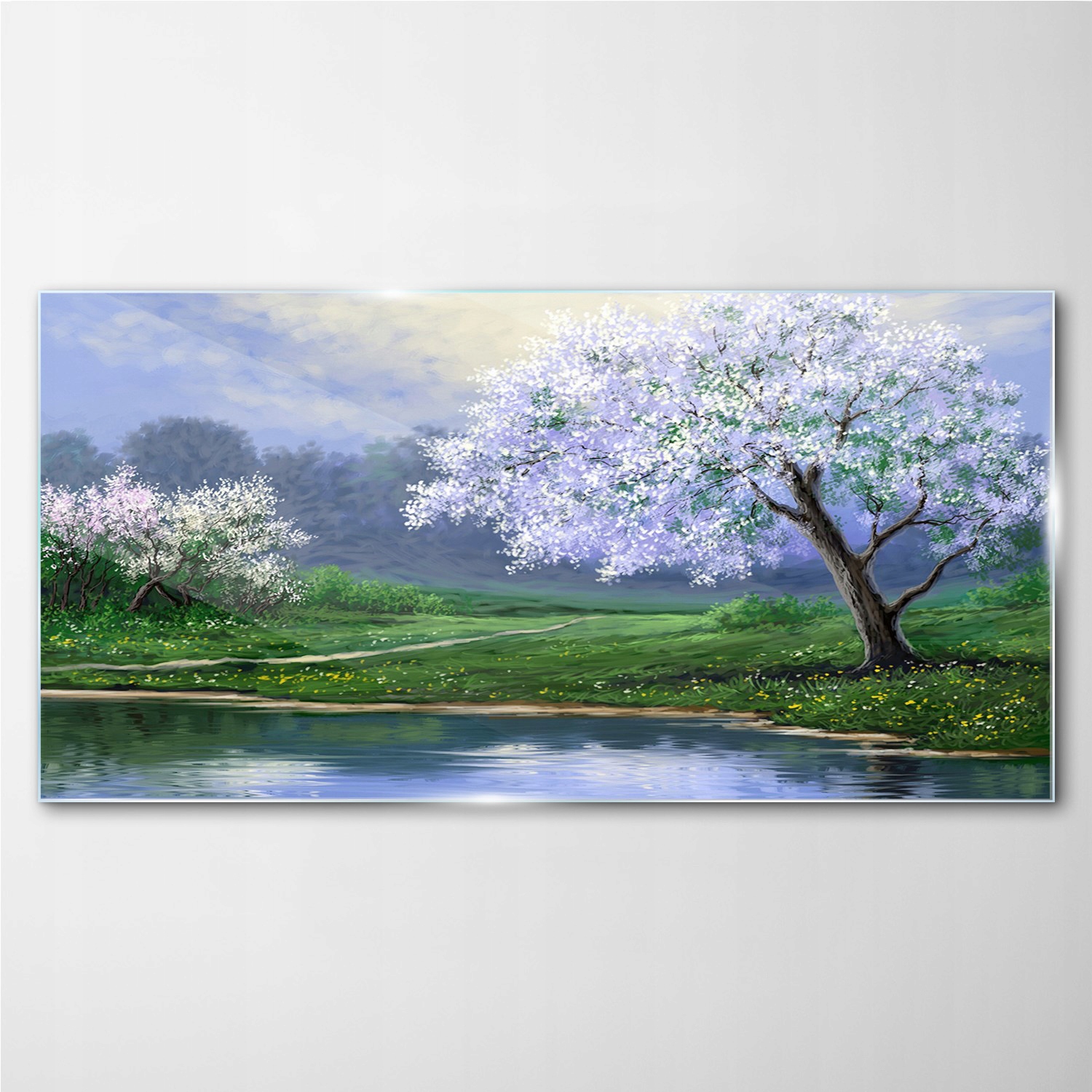 

Obraz szkło na ścianę Jezioro drzewa kwiaty 140x70