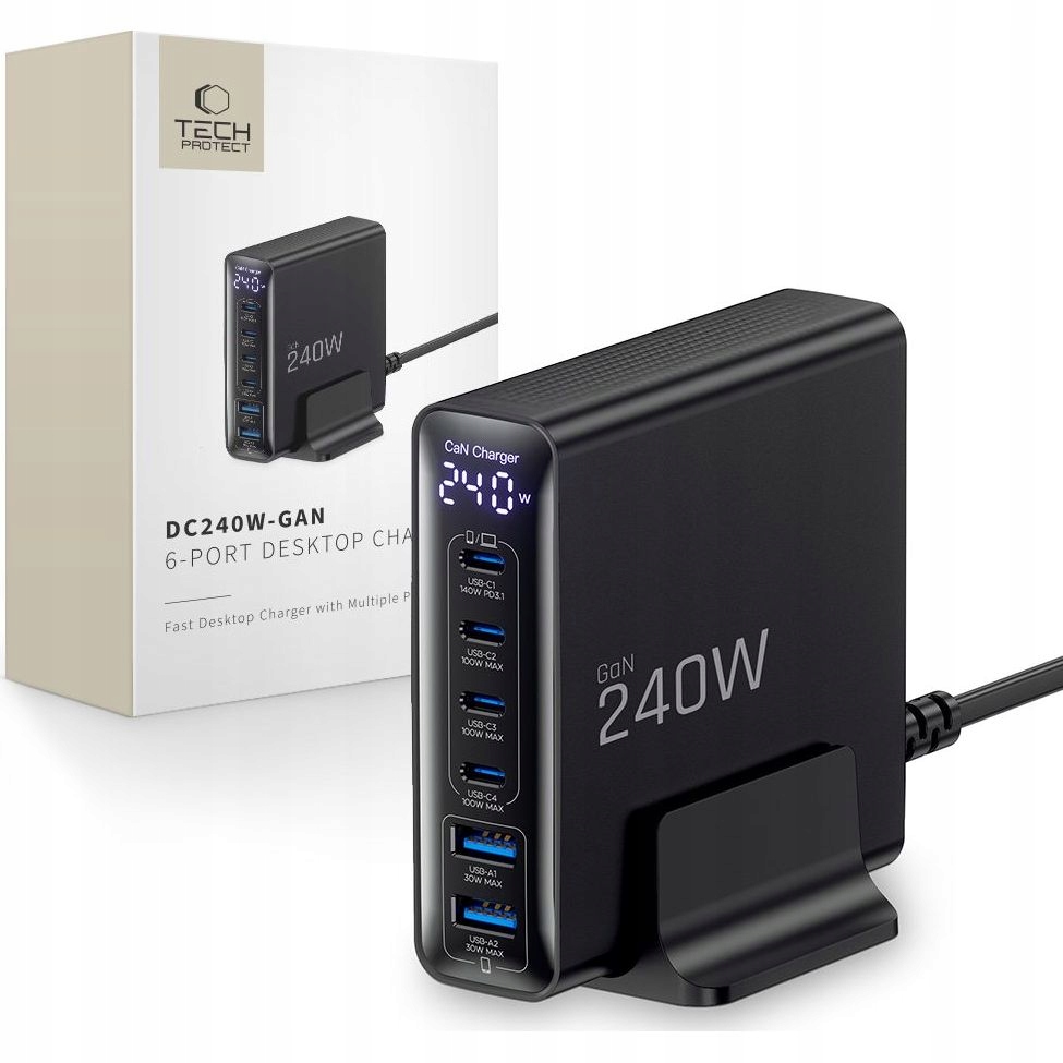 Stacja ładująca Tech-Protect ładowarka burkowa 240W 4x Usb-c Pd 2x Usb-a Qc