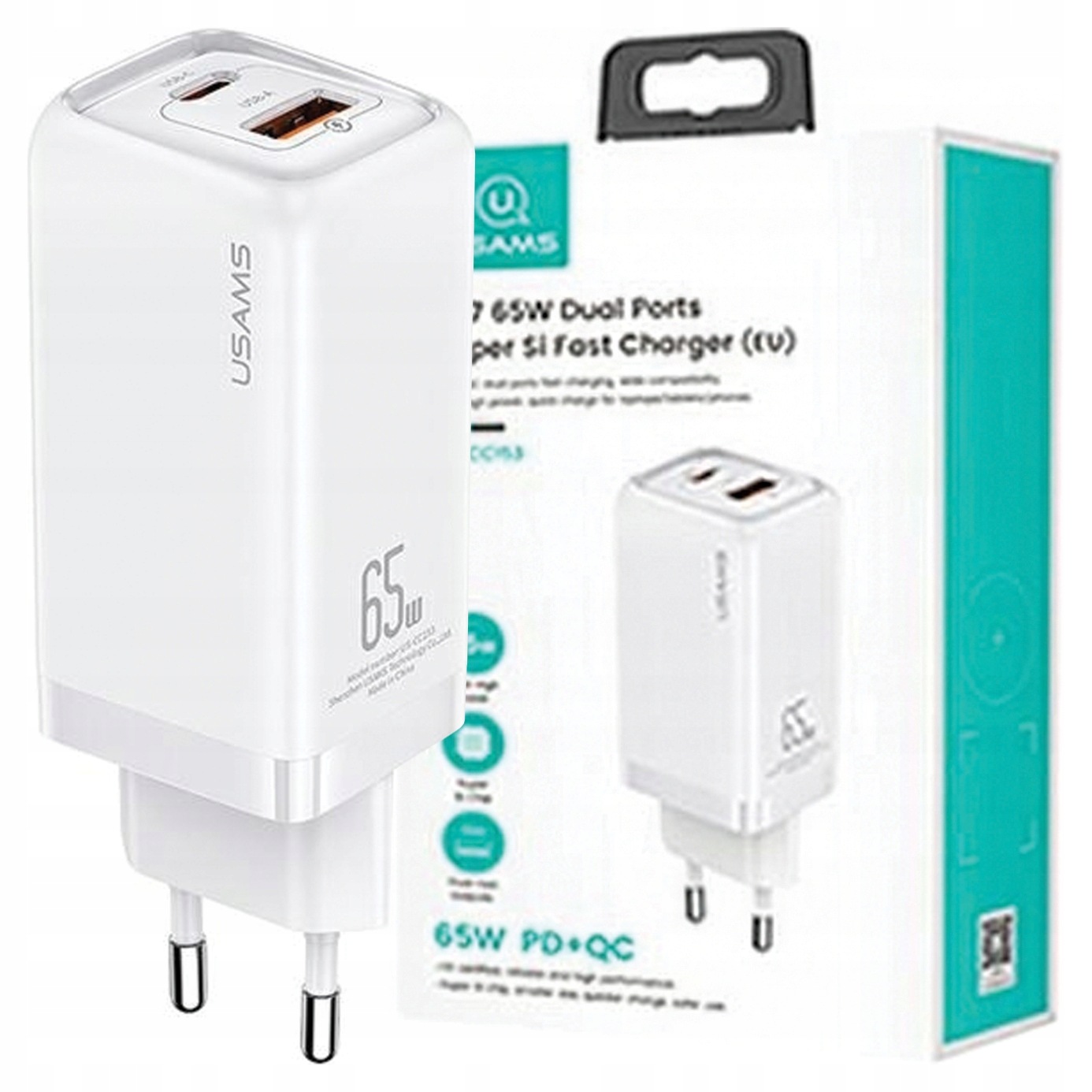 Usams Síťová nabíječka 1xUSB-C 1xUSB T47 65W (pouze hlava) Pd Rychlé nabíjení Si