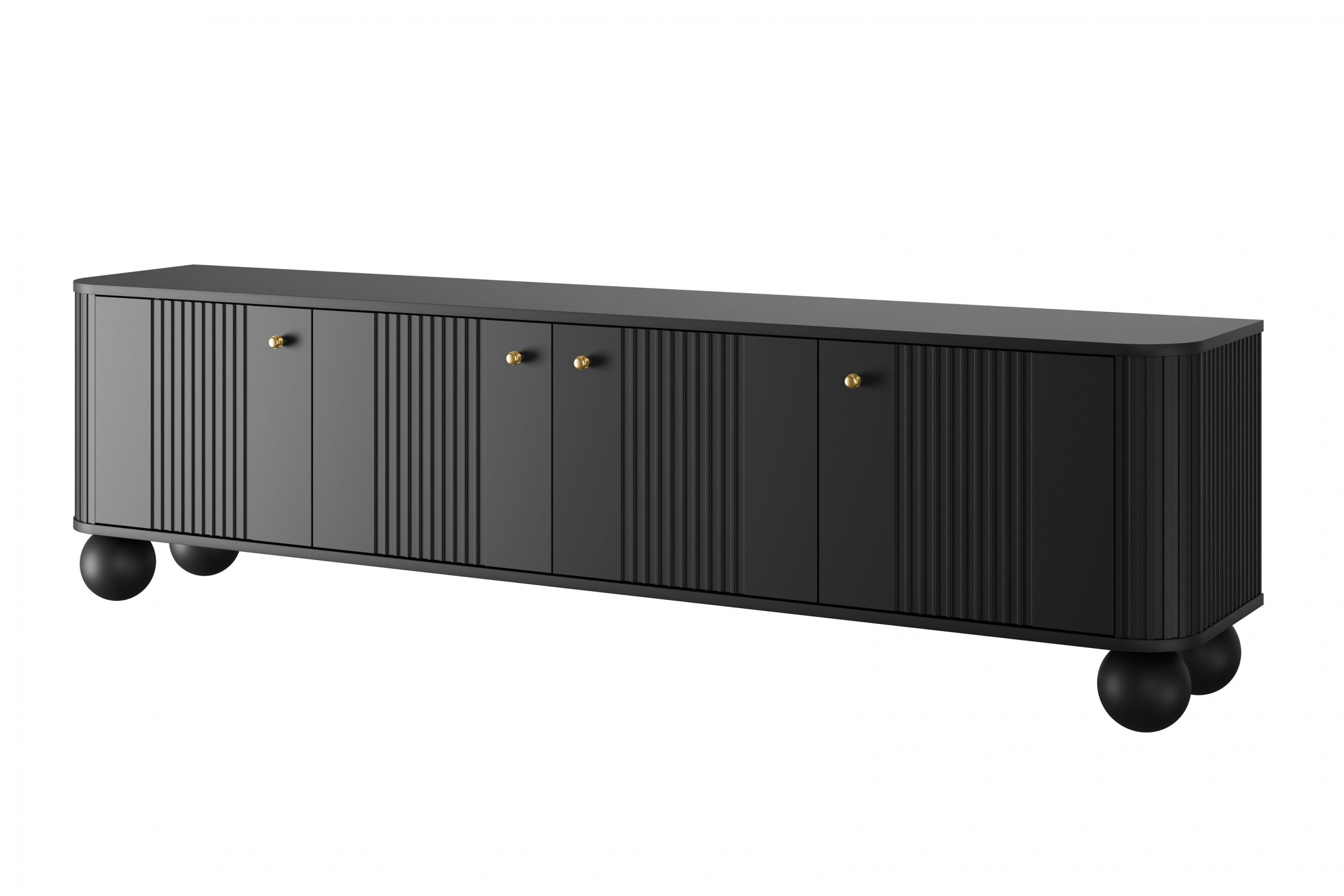 SZAFKA RTV POD TELEWIZOR VESPER 187 cm CZARNY MAT ZŁOTE UCHWYTY NOGI KULE