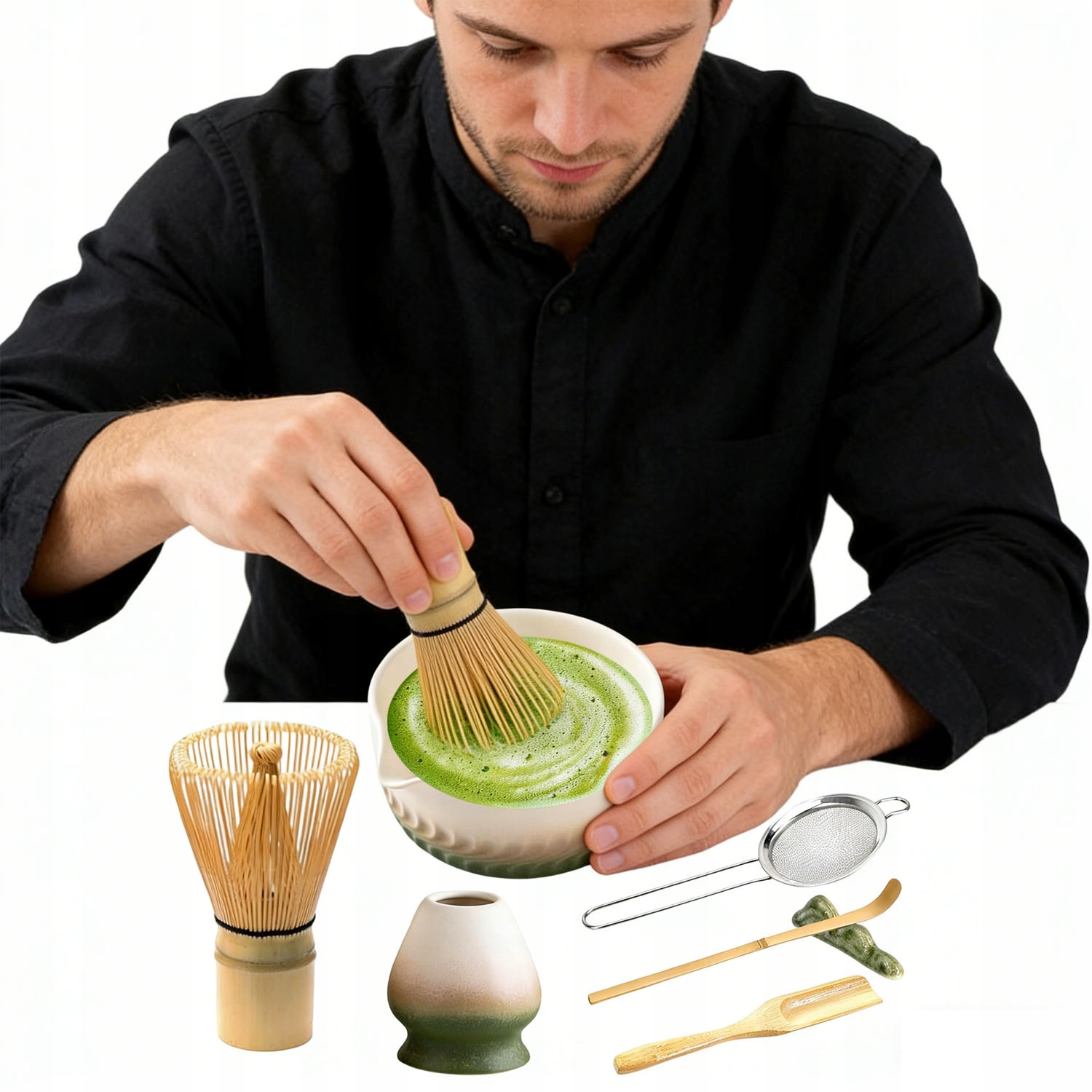 Dárková Sada Na Čaj Matcha Metla Podstavec Lžička 7v1