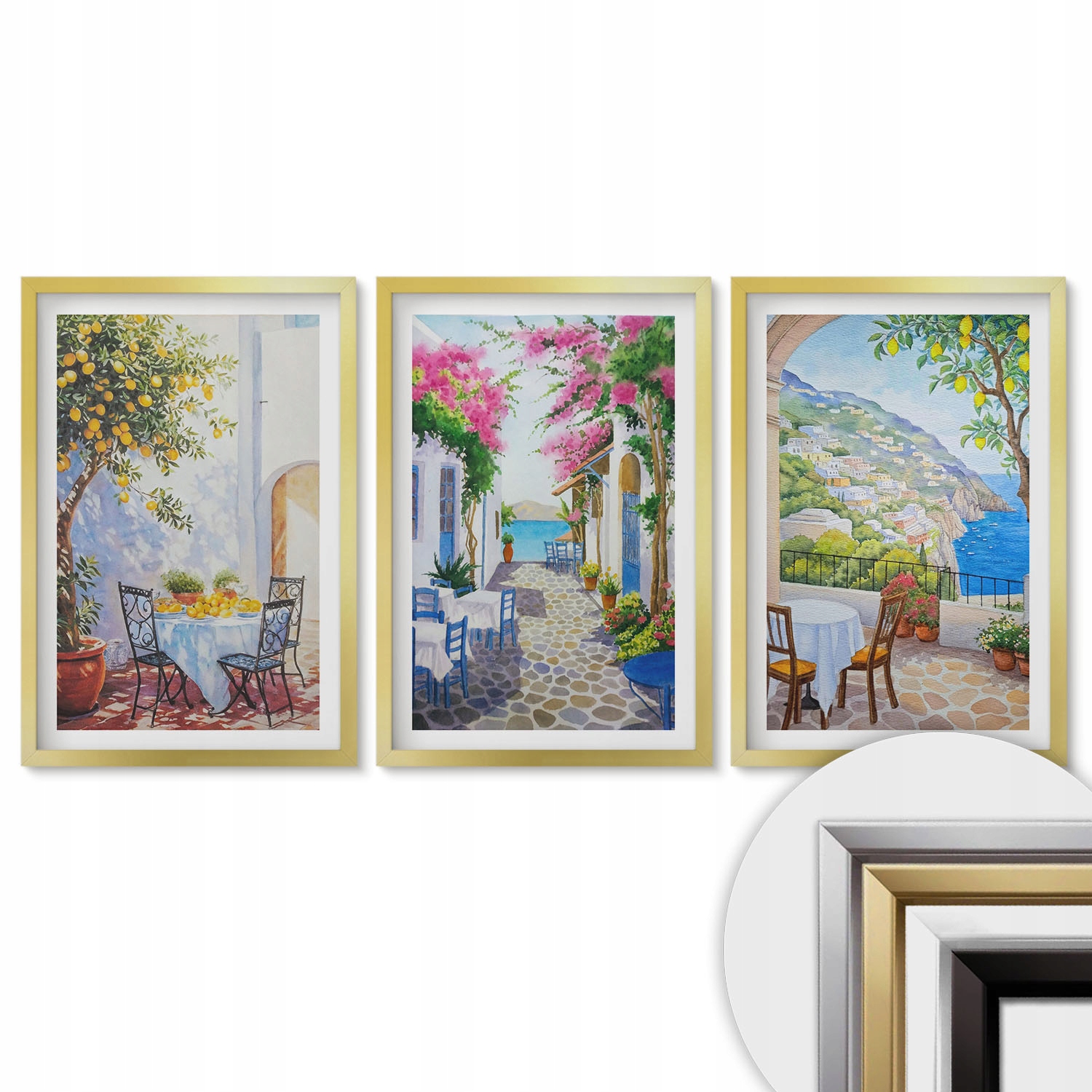 Sada 3 obrazů Triptych Zlatý Rámeček 40x60 Okouzlující uličky rostliny moře