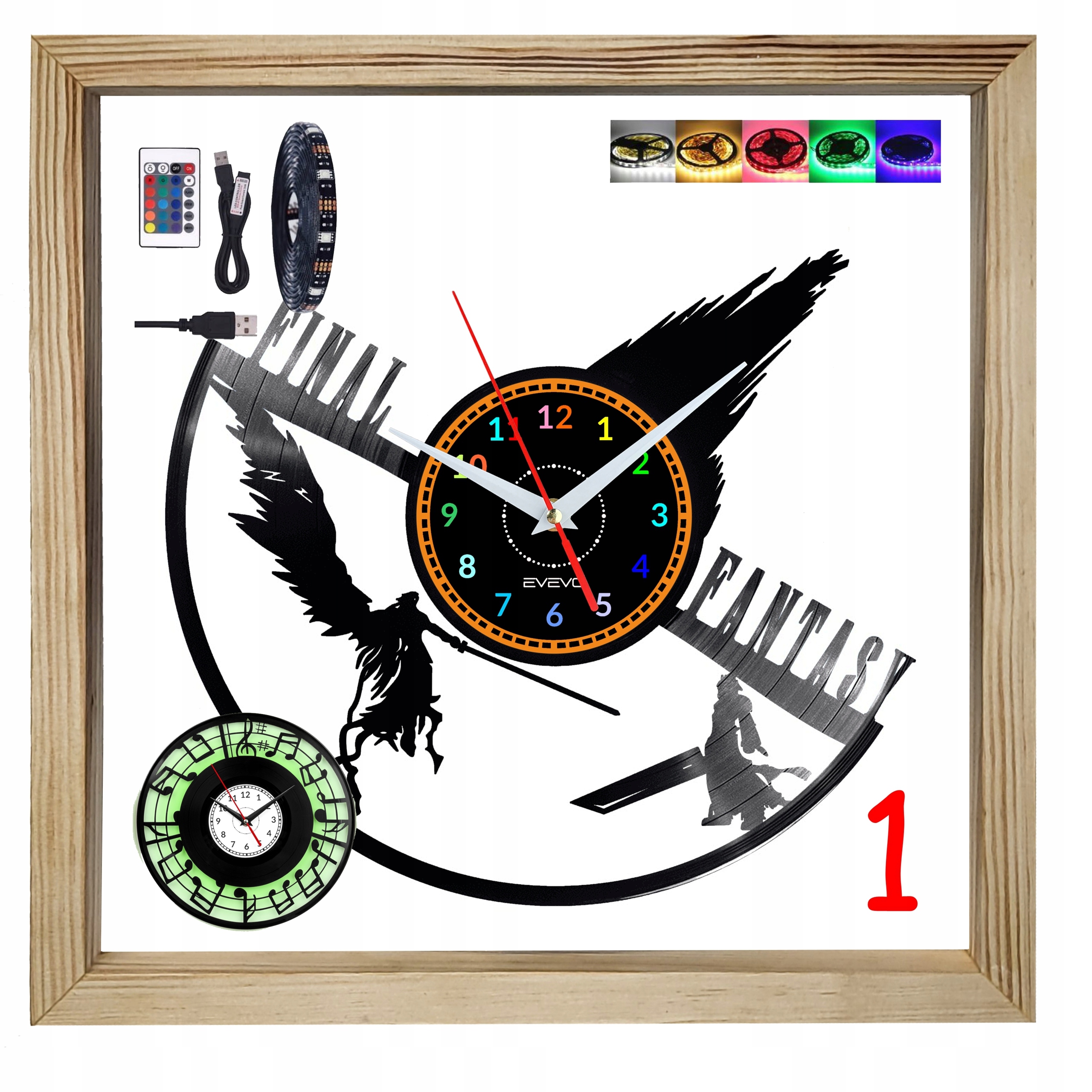 Nástěnné hodiny Final Fantasy Dřevěný rám 32x32 cm Rgb Led Svítí