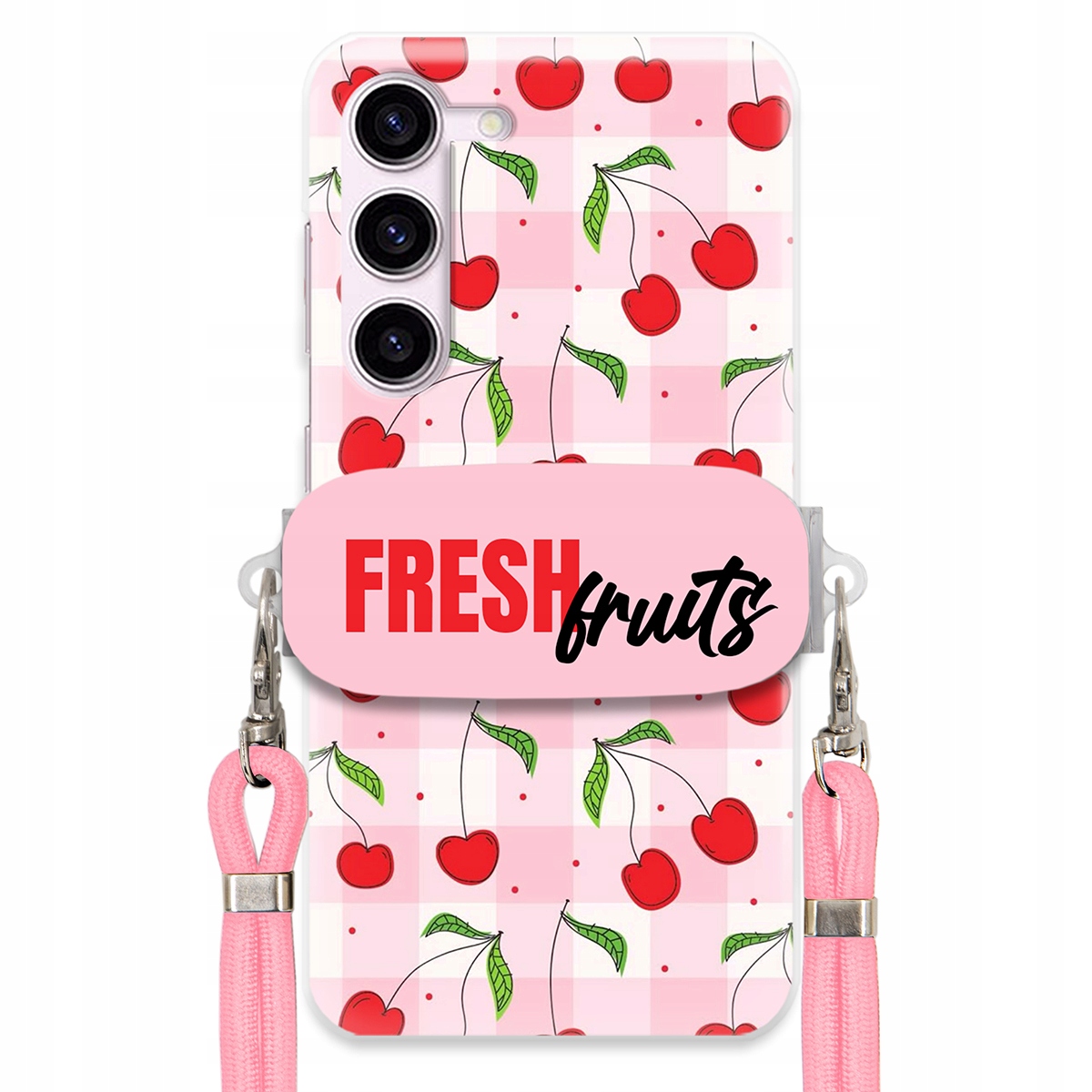 Pouzdro pro Samsung S23 Case Držák Šňůrka Růžová Fresh Fruits Mřížka Ovoce