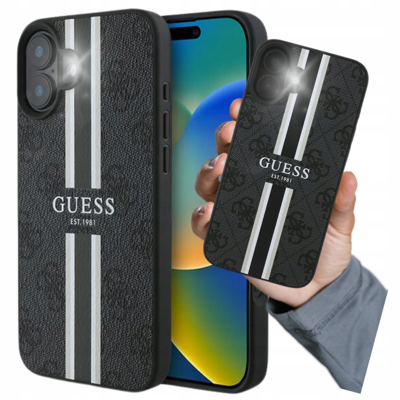 Etui Guess 4G Printed Stripes MagSafe na iPhone 16 czarne Guess