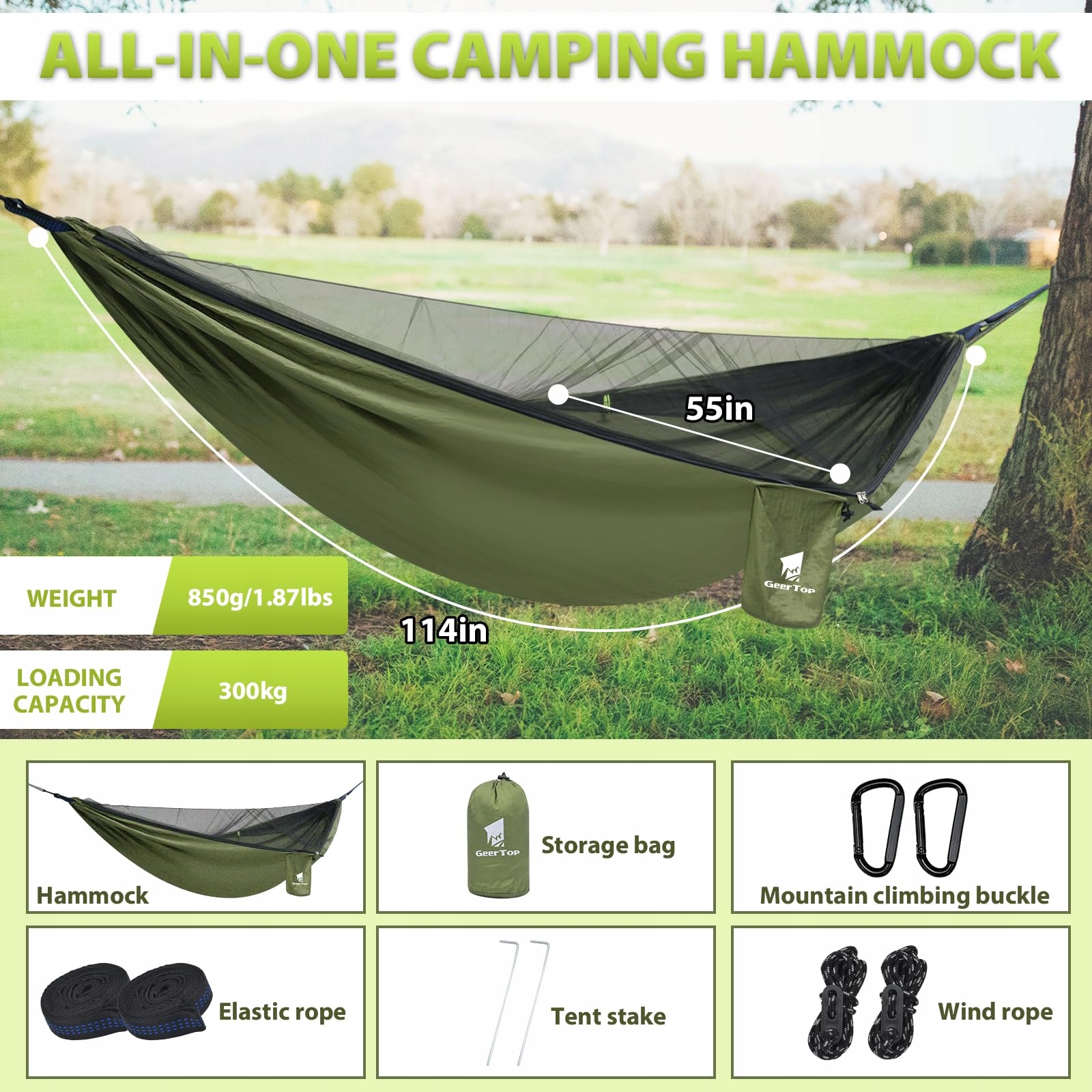 Hamak Outdoor Z Moskitierą Campingowy Survival Wędrówki Ogród 300kg GEERTOP — miniatura 3