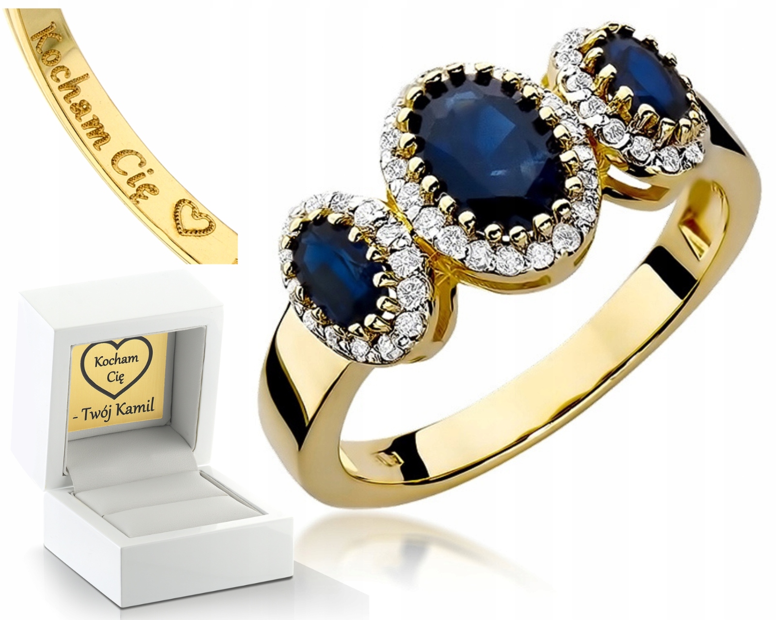 Zlatý Prstýnek Safírový S Brilianty Gravírování 585