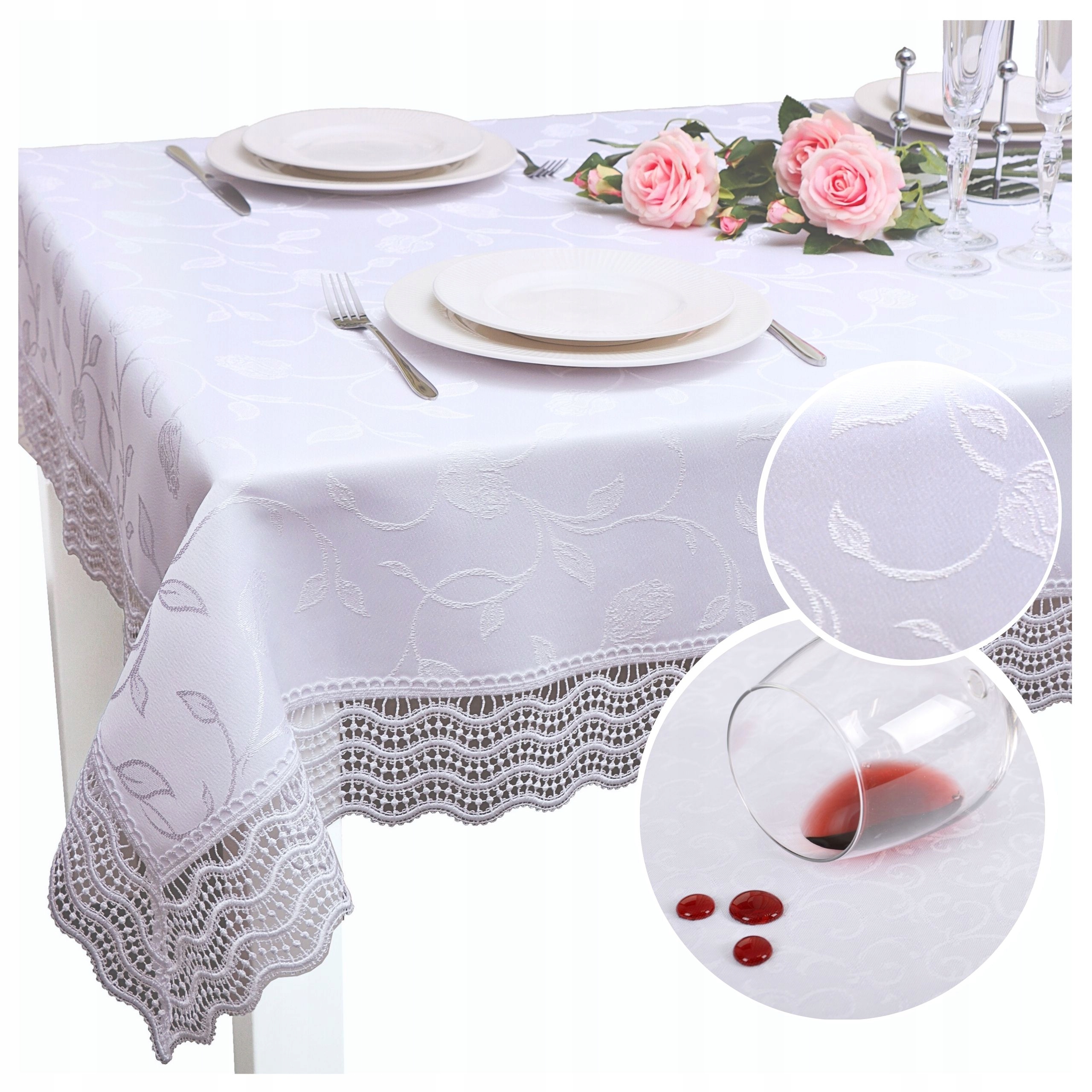 Obrus Na Stół Plamoodporny z Gipiurą 200x140 Dekoracyjny Biały Tk.127