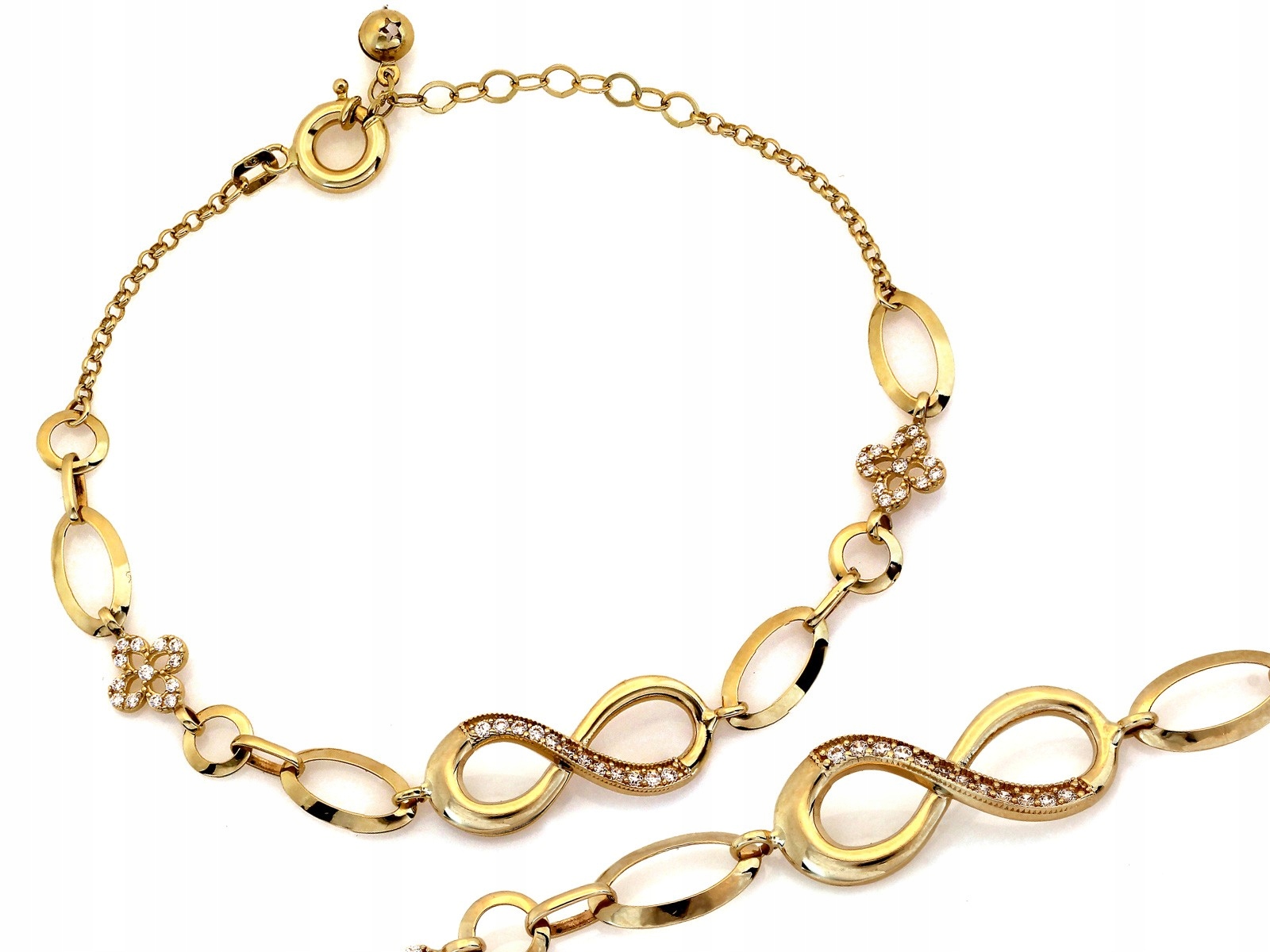 Zlatý náramek 585 řetízkový, oválné články, květiny a nekonečno