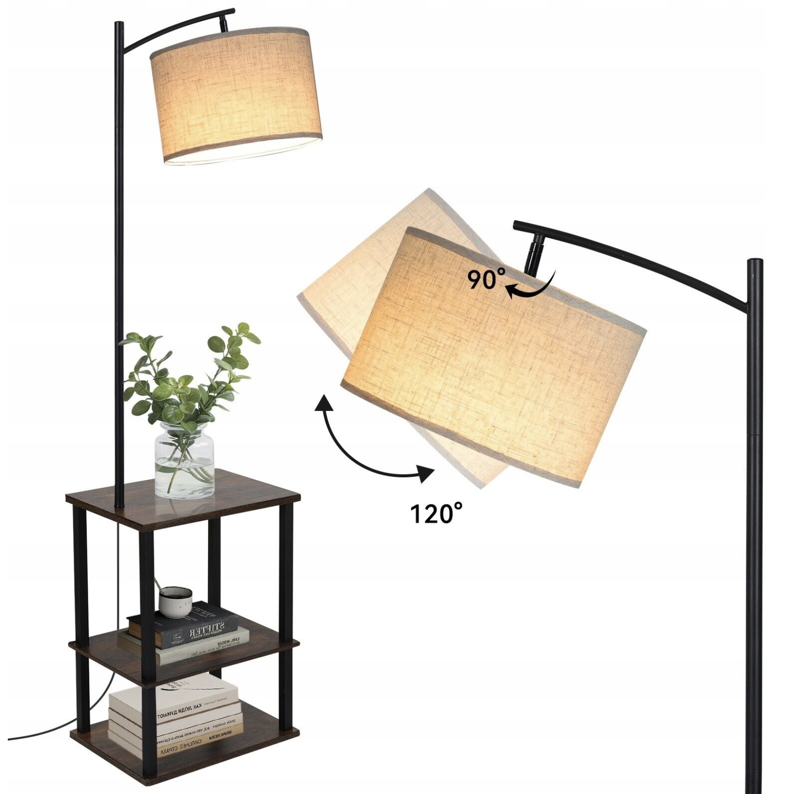 LAMPA PODŁOGOWA STOJĄCA ZE STOLIKIEM IKAWOWYM PÓŁKAMI NOWOCZESNA 2W1