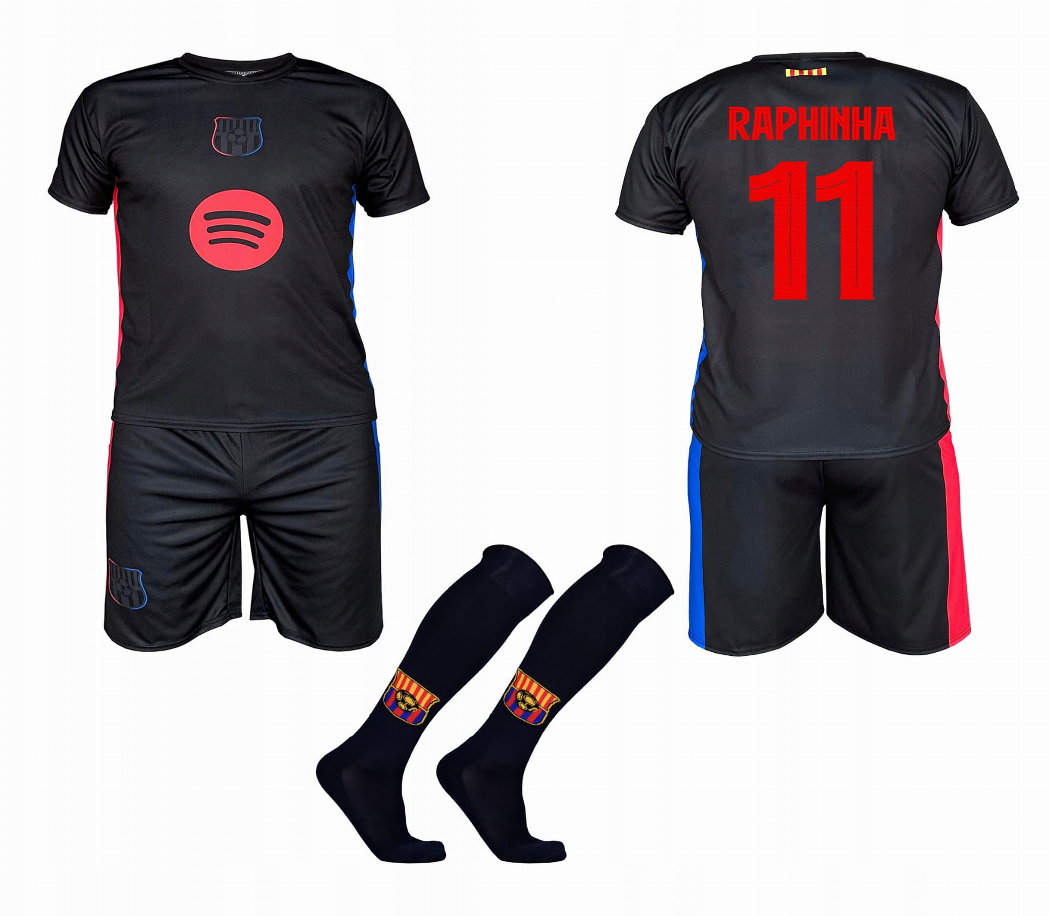Raphinha Barcelona strój komplet piłkarski sportowy getry czarny 164