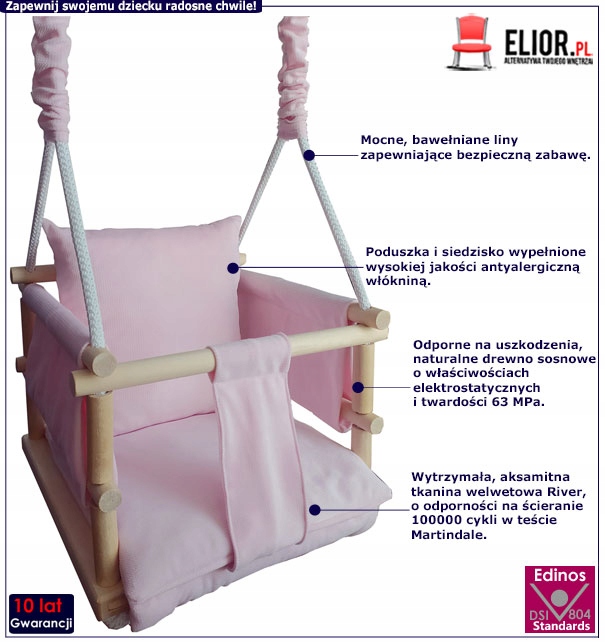 HUŚTAWKA DLA DZIECI WELWETOWA DREWNIANA 3W1 RÓŻOWA Kod producenta 5970