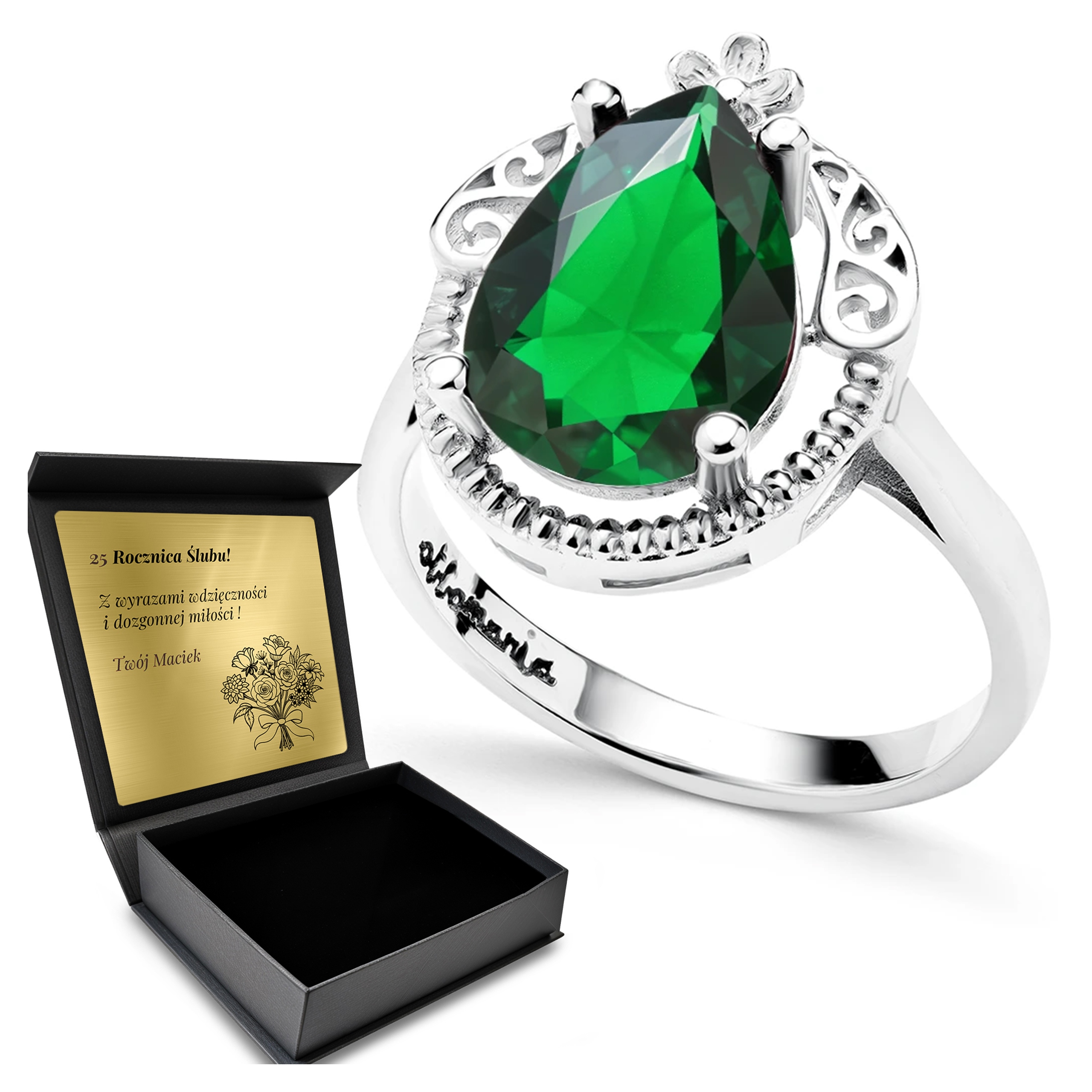 Prstýnek 925 Smaragd Dárek pro ženu Gravírování Bonus