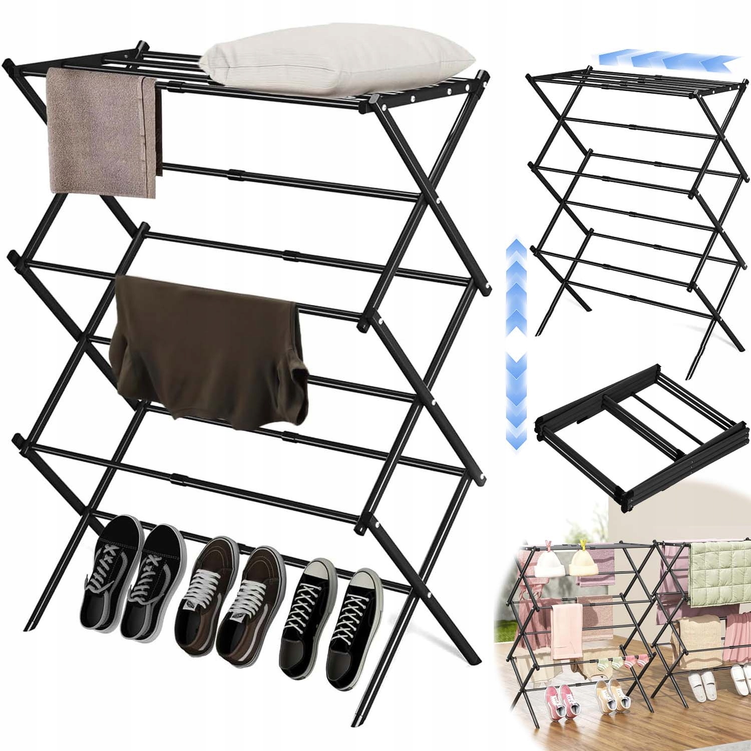 Levně Sušák Na Prádlo Vertikální Balkonová Zahradní Skládací Černá 6 Pater