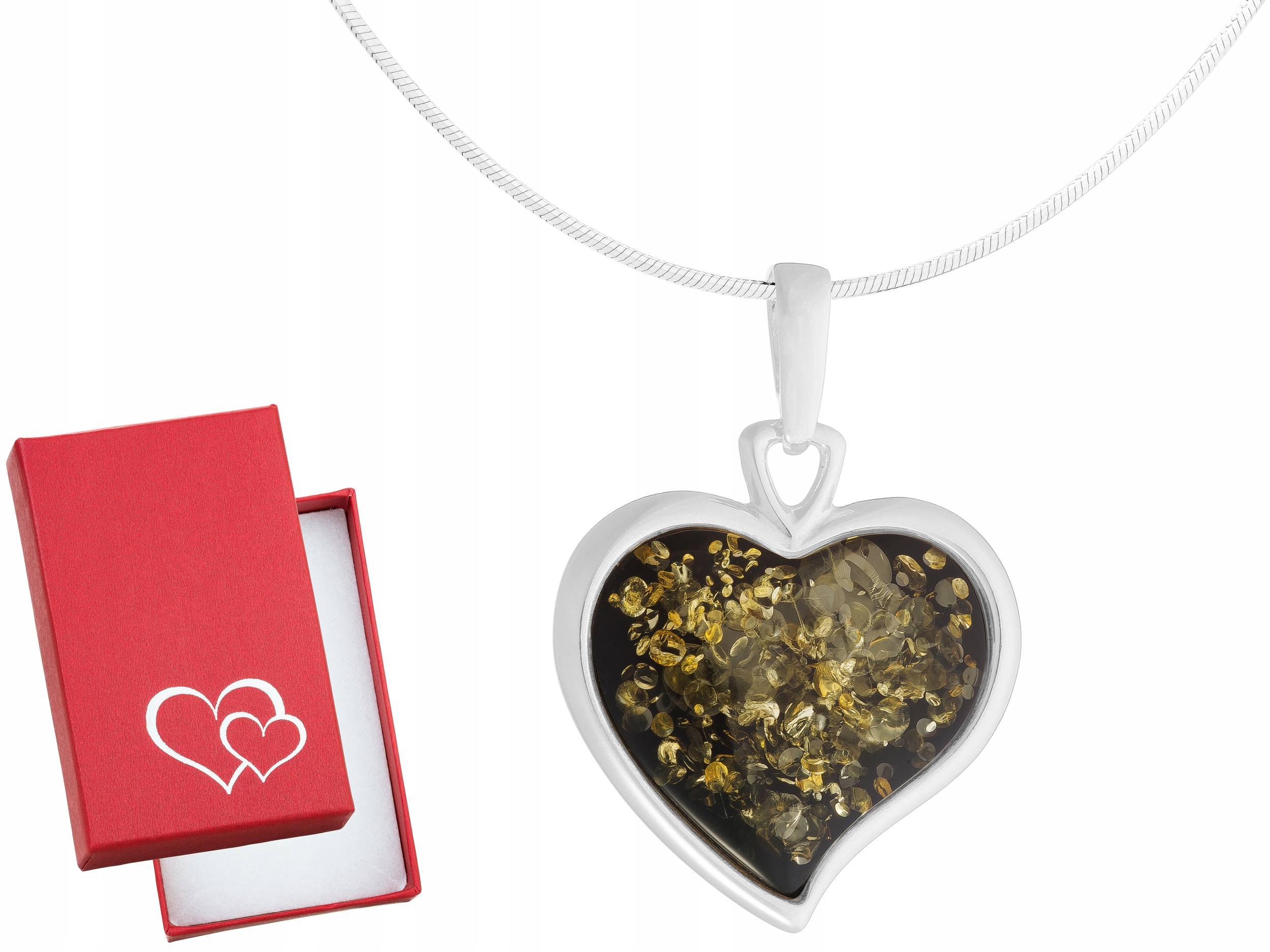 Krátký stříbrný dámský náhrdelník Velké srdce se zeleným jantarem Stříbro 42