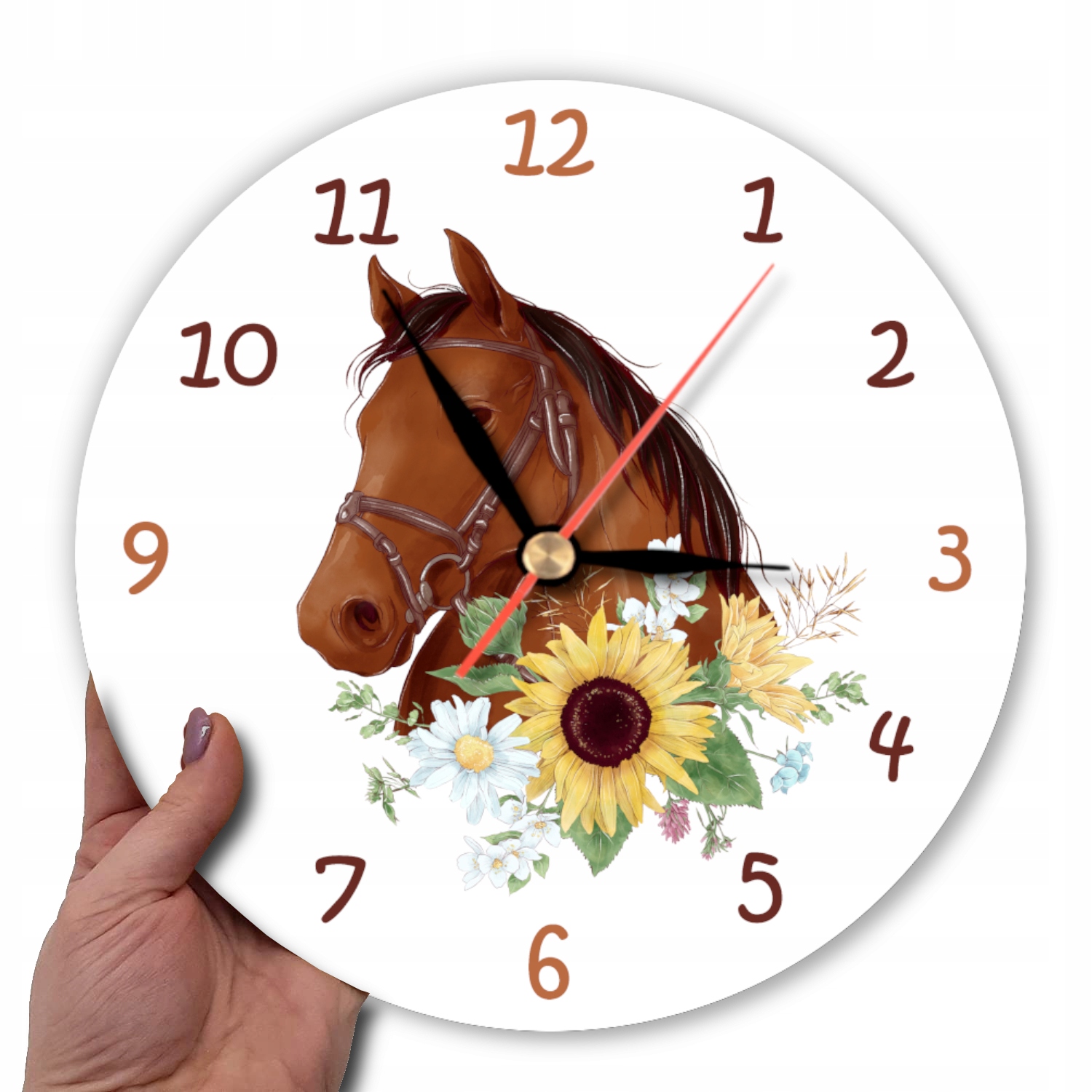 Okrągły cichy zegar z koniem - koń Zasilanie baterie