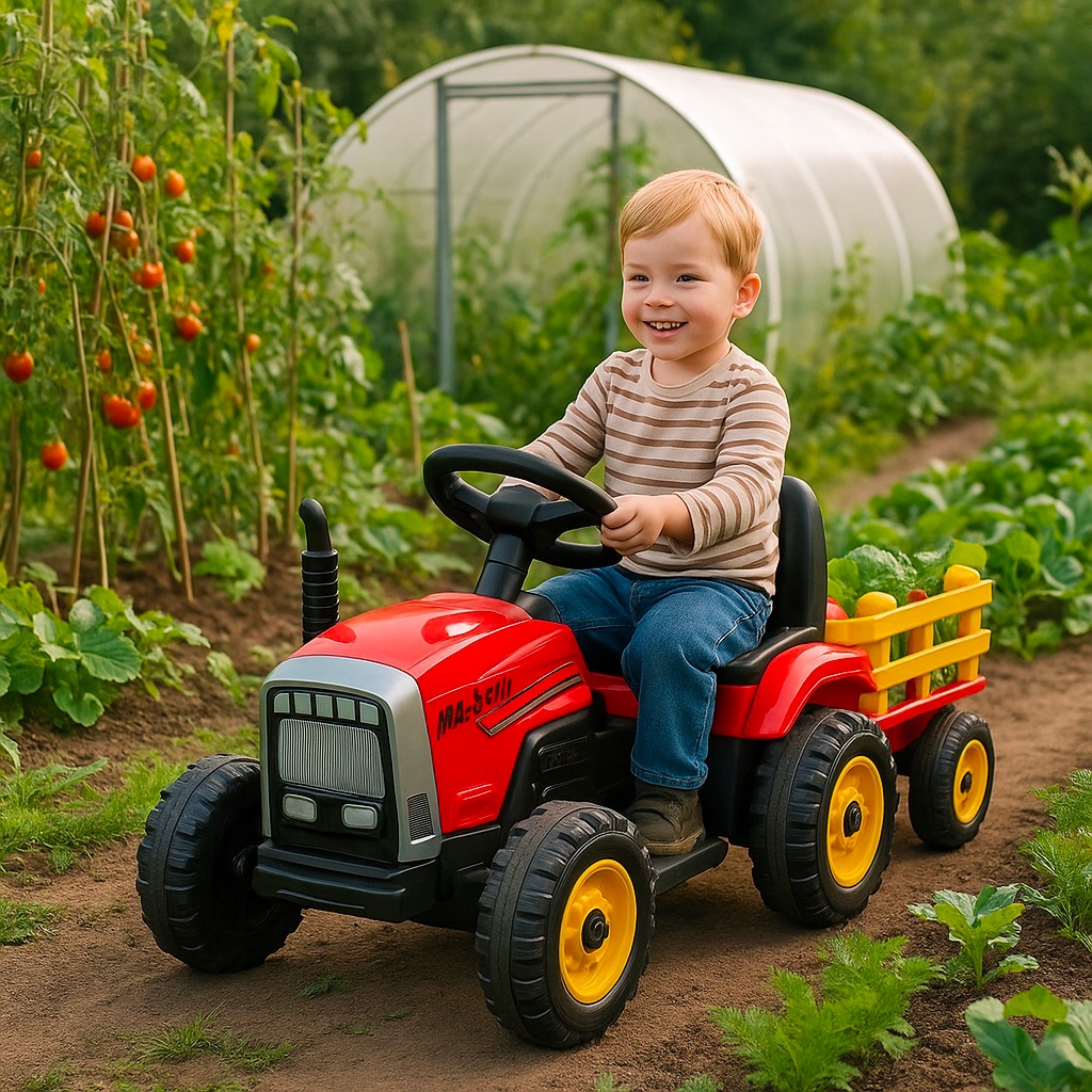 TRAKTOR na akumulator z przyczepką LED muzyka PREZENT dla dziecka czerwony