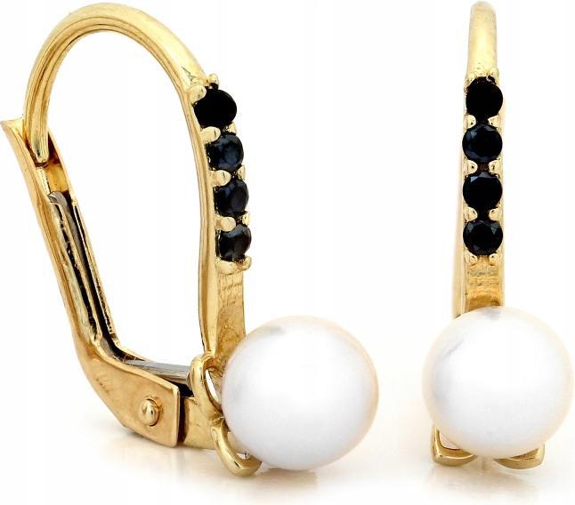 Zlaté náušnice 585 anglické s perlou a černými zirkony jako dárek 14k
