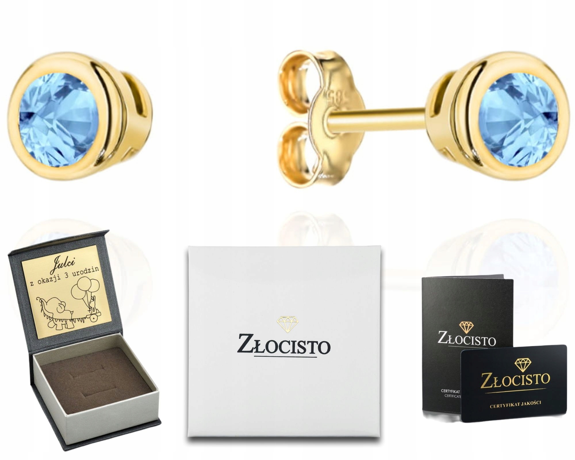 Zlaté náušnice 14K s modrým kamenem 3 mm ryzost 585