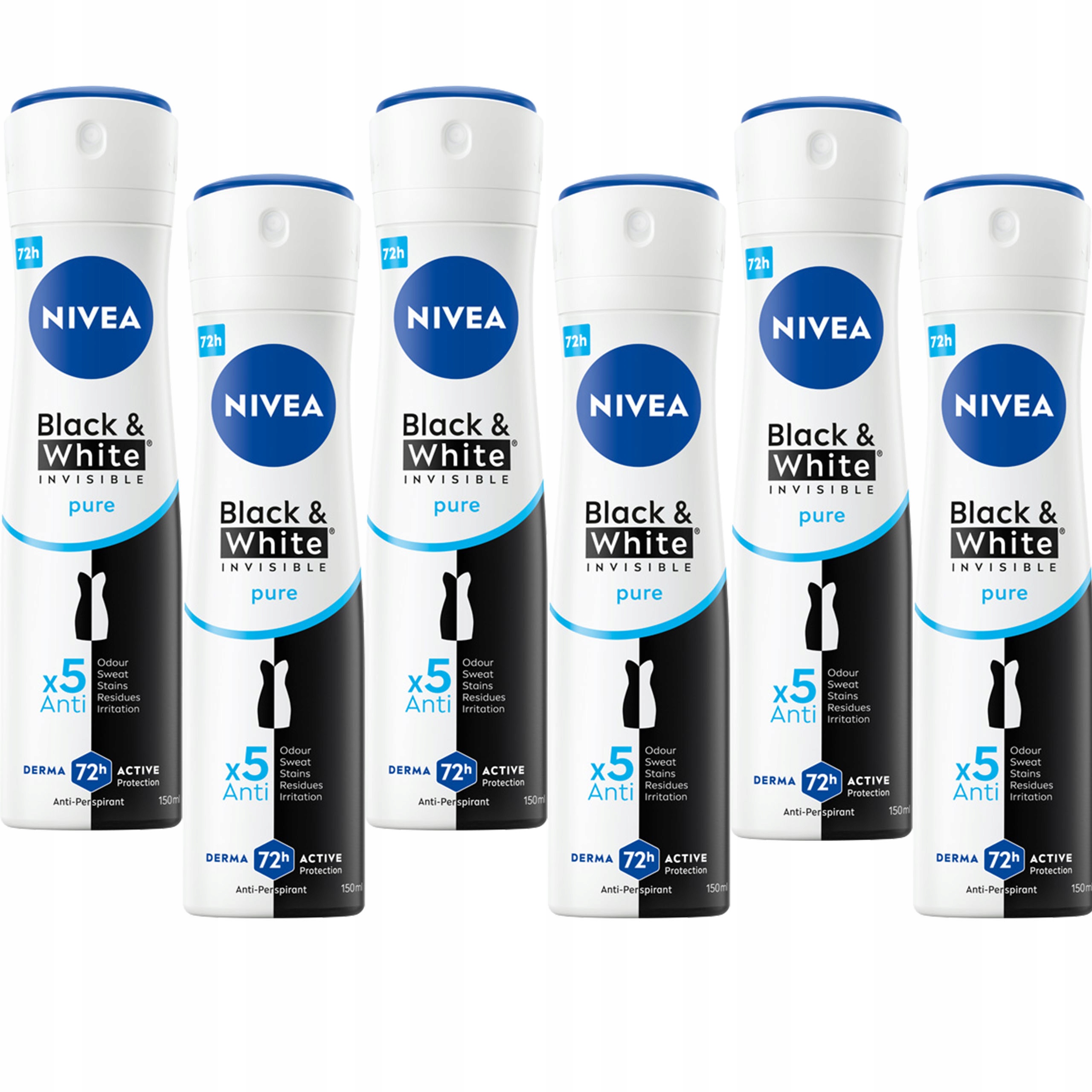 6 x Nivea Black & White Invisible Pure antiperspirant ve spreji 150 ml